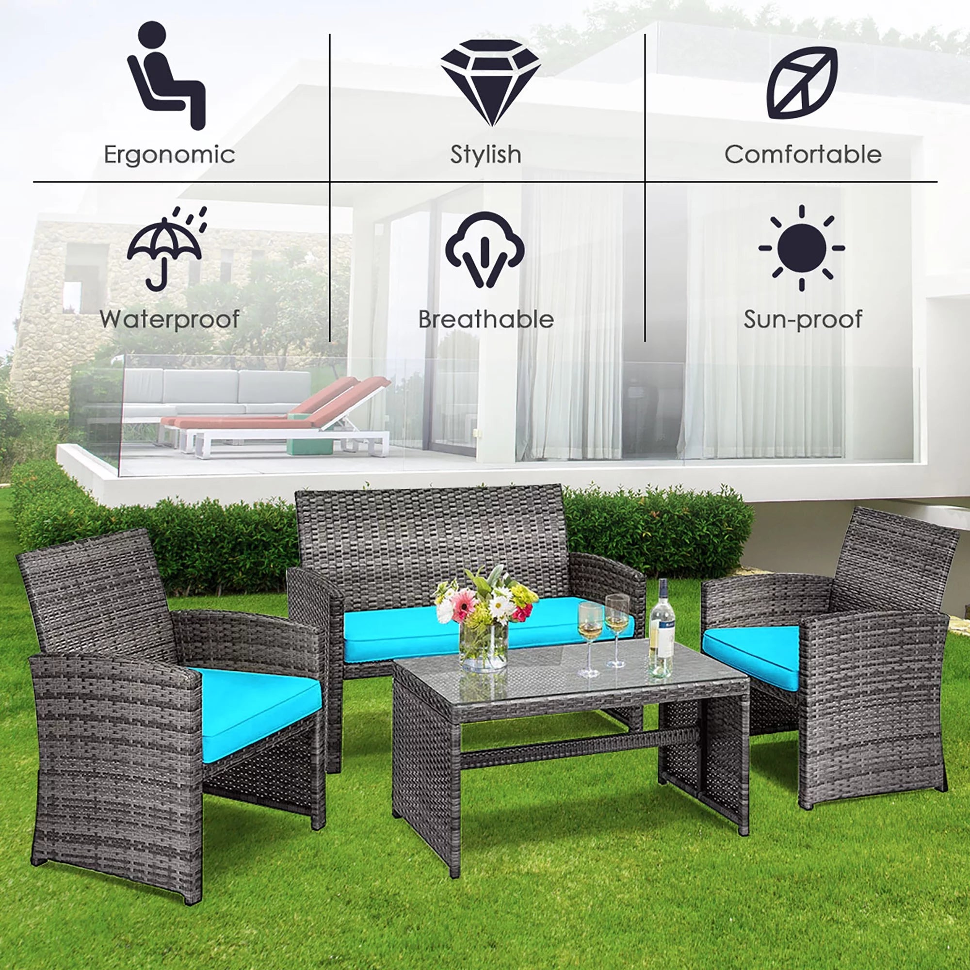 Patio Conversation Set | Rattan Sofa Set with Glass Top | BNB Depot