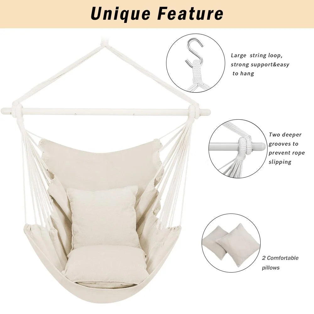 Large Hammock Chair Swing, Relax Hanging Rope Swing Chair with Detachable Metal Support Bar & Two Seat Cushions, Swing Seat for Patio Outdoor