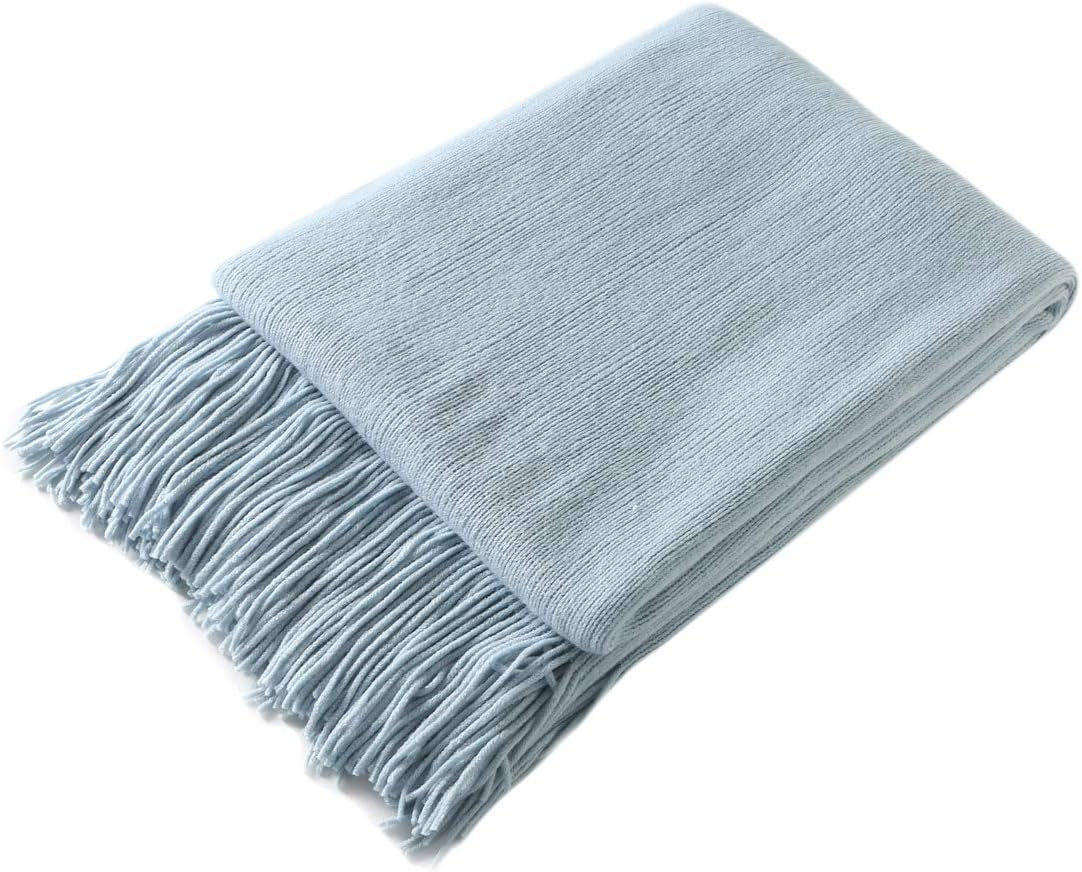 Decorative Knitted Throw Blanket with Fringe Soft & Cozy Tassel Blanket for Couch Sofa Bed (Light Blue,50X60)