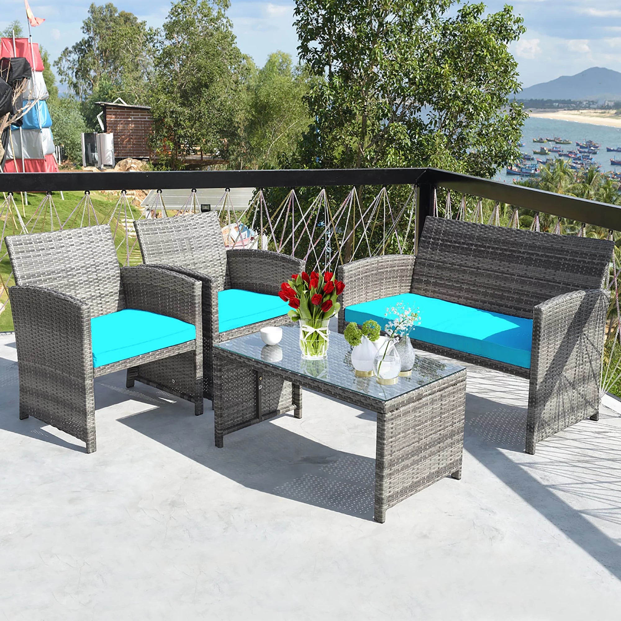 Patio Conversation Set | Rattan Sofa Set with Glass Top | BNB Depot