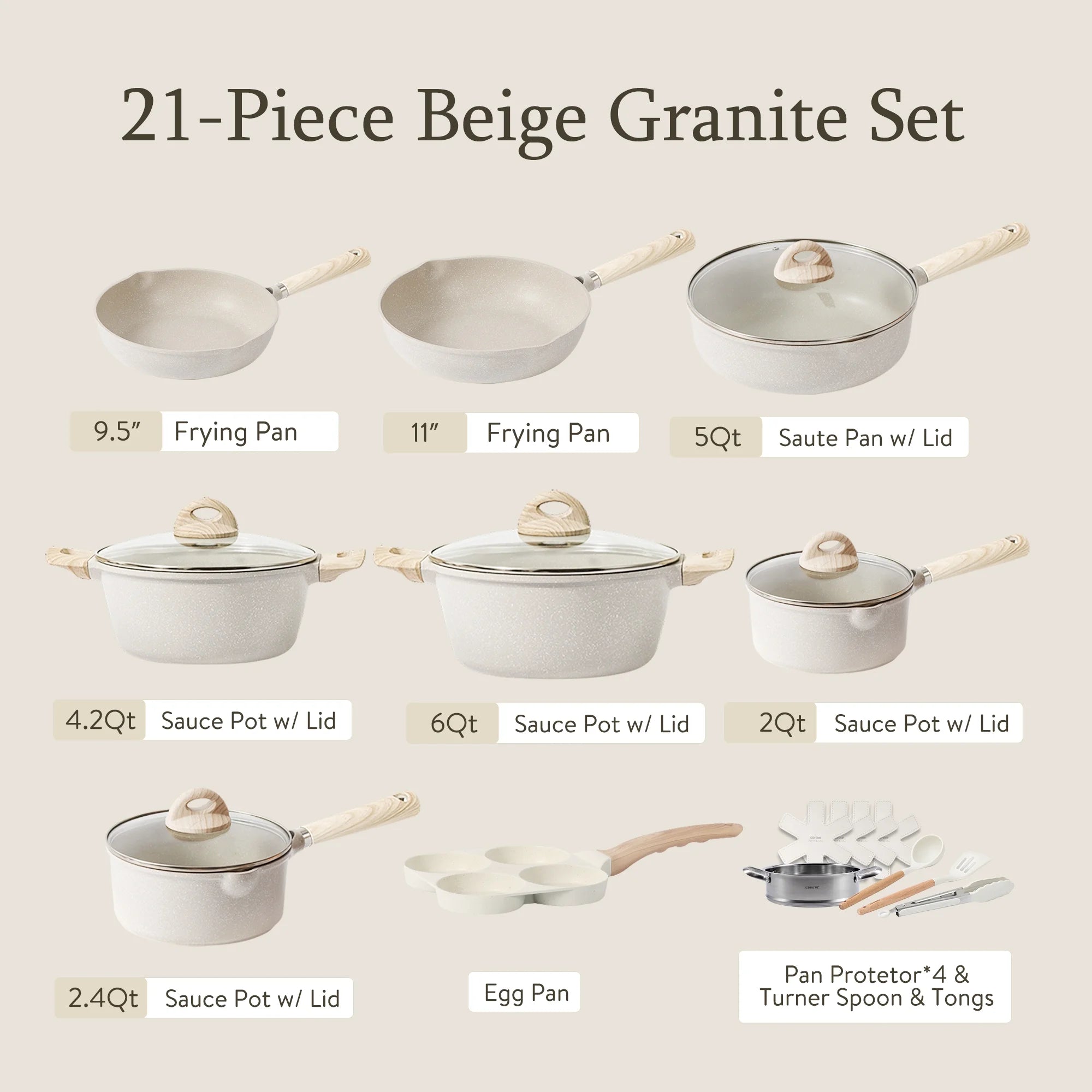 Nonstick Pots and Pans Set, 21 Pcs Induction Kitchen Cookware Sets (Beige Granite)