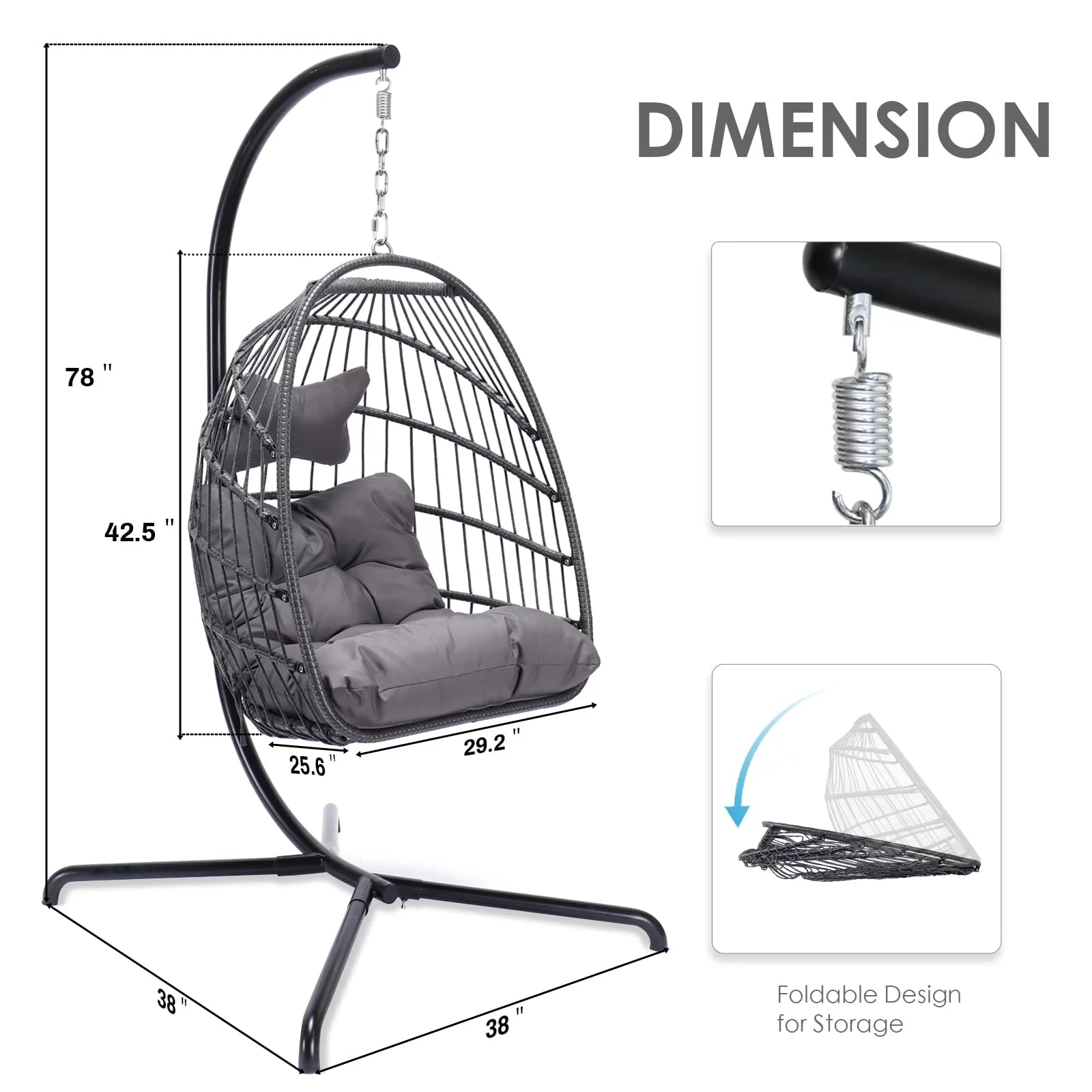 Swing Egg Chair Wicker Hanging Chair with Stand Color Dark Grey Maximum Weight 350Lbs