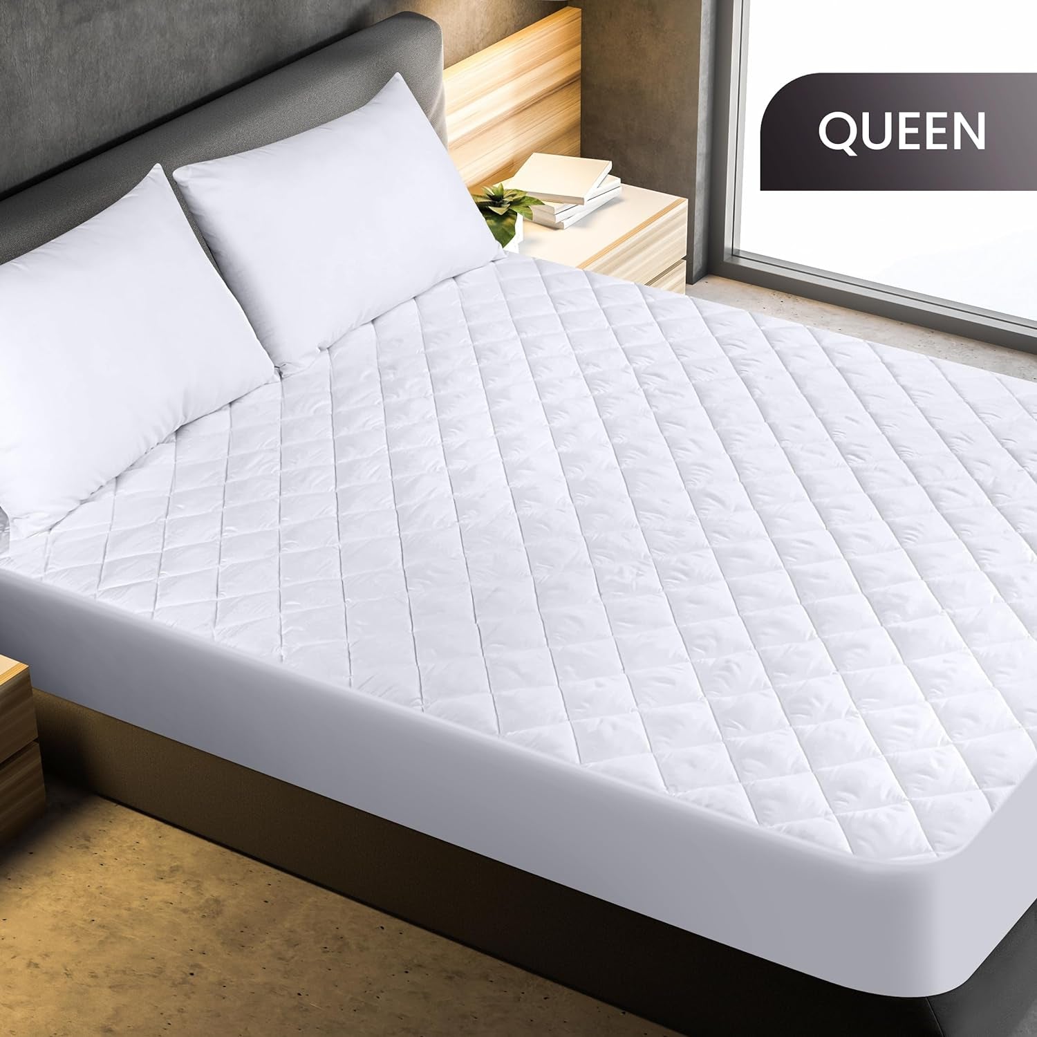 Quilted Fitted Mattress Pad (Queen) - Elastic Fitted Mattress Protector - Mattress Cover Stretches up to 16 Inches Deep - Machine Washable