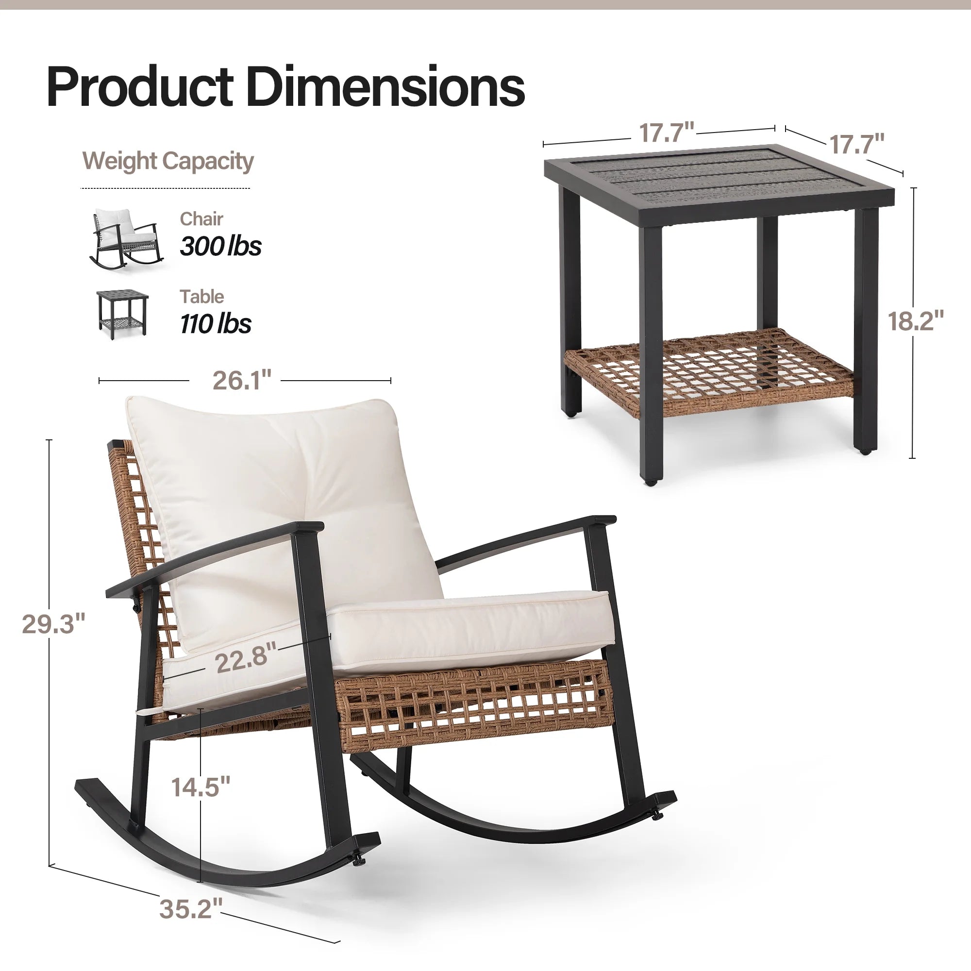 3 Pieces Outdoor Furniture Set with 2-Tier Coffee Table, Chairs with Beige Cushions