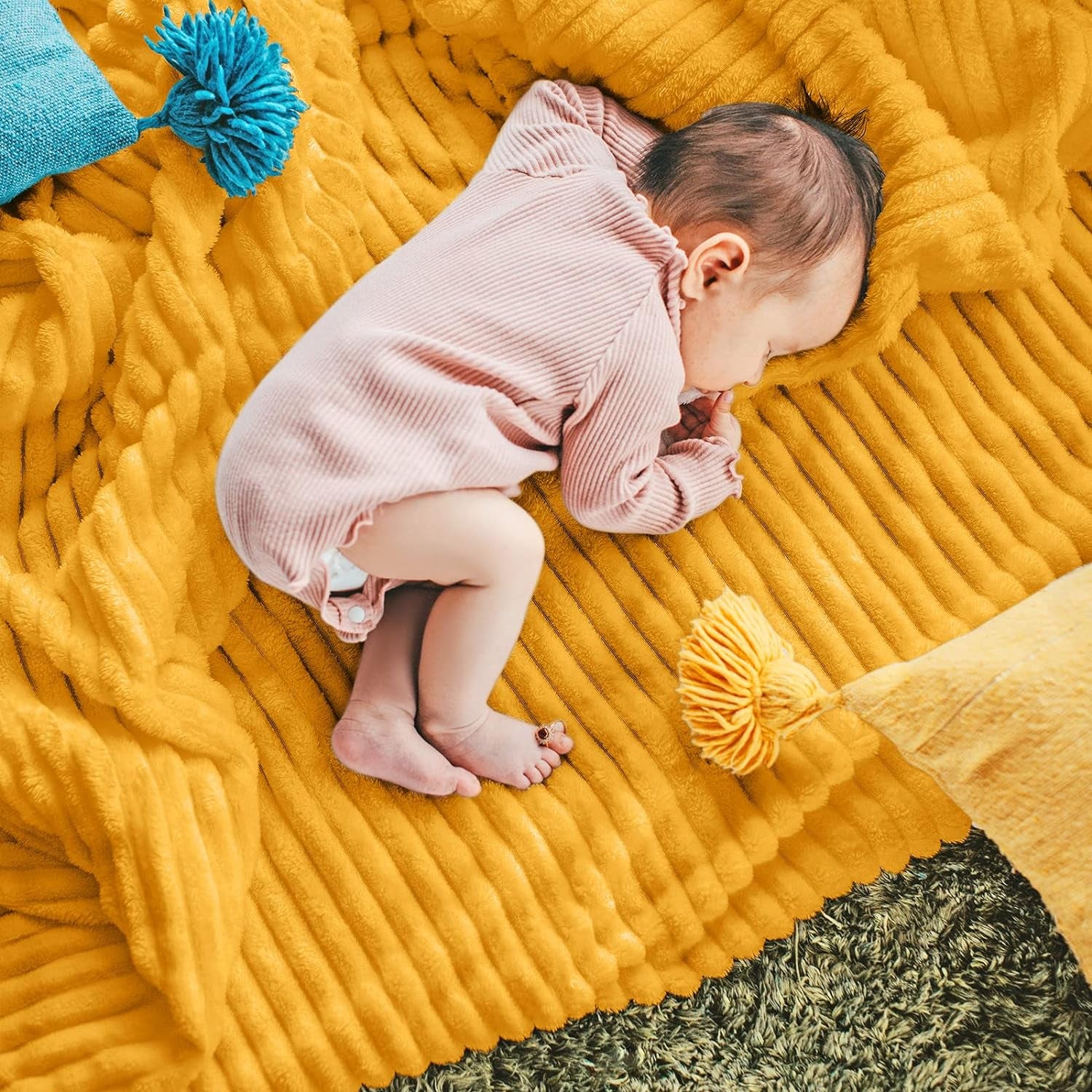 Fleece Blanket Throw Size – 51X63, Yellow Soft, Plush, Fluffy, Fuzzy, Warm, Cozy Perfect for Couch, Bed, Sofa - with Pompom Fringe Flannel