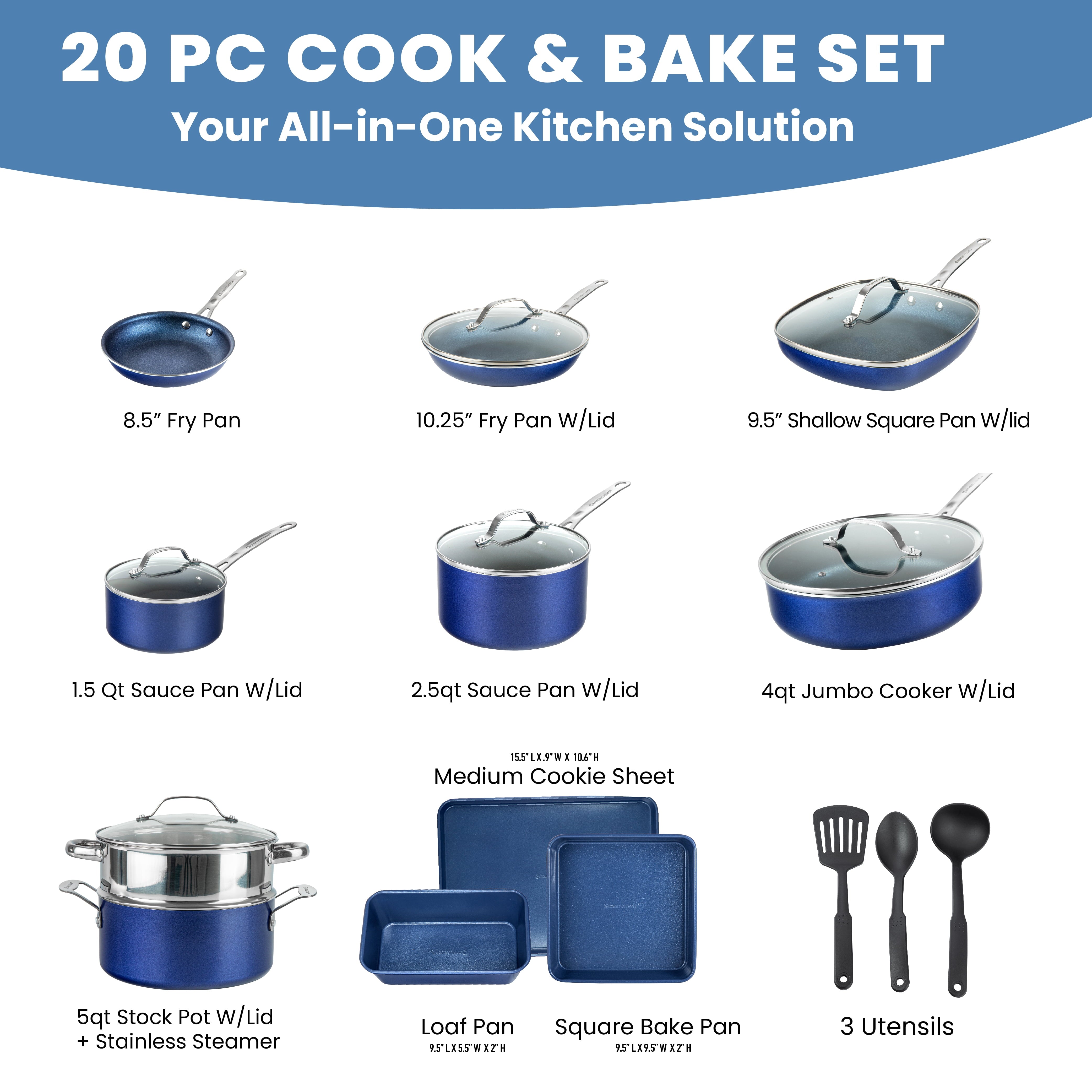 Pots and Pans Set 20 Piece Complete Cookware Bakeware Set Nonstick Dishwasher Oven Safe Blue