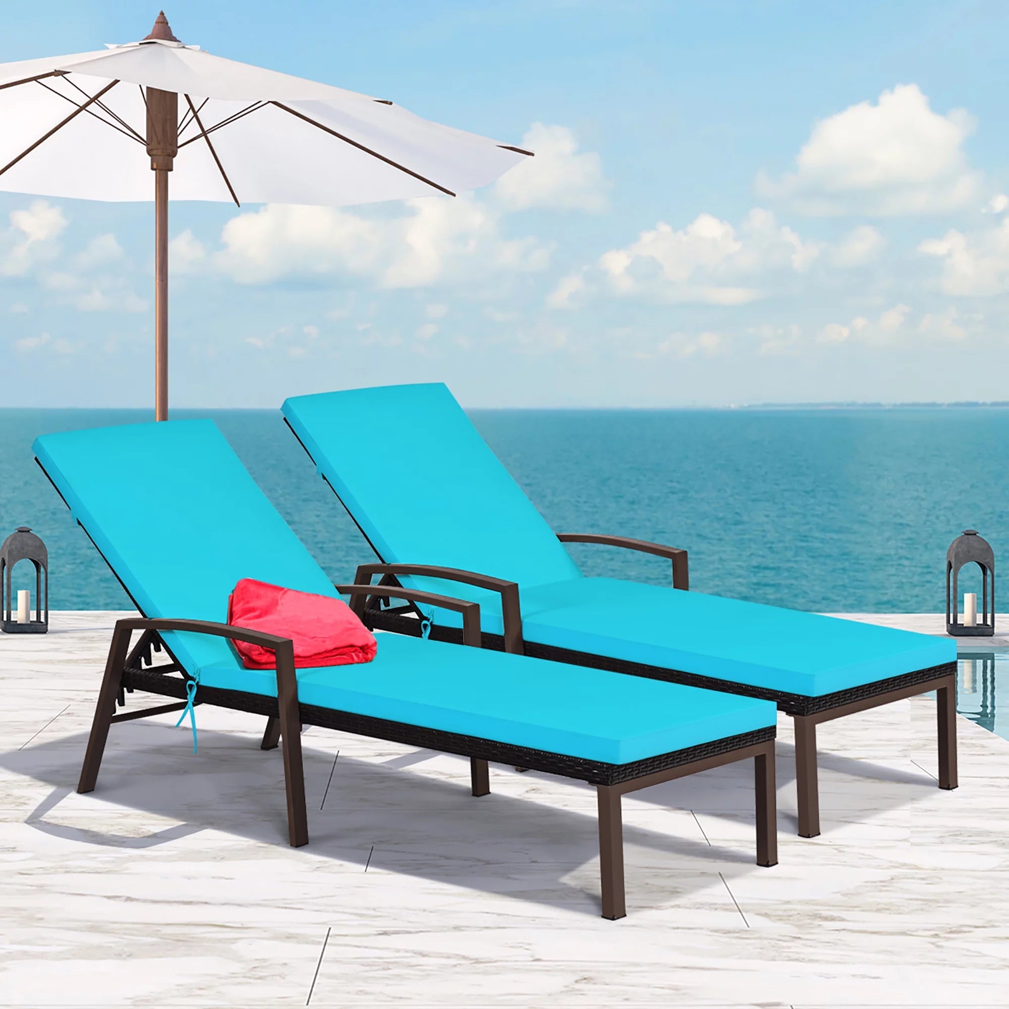 2PCS Patio Rattan Lounge Chair Chaise Recliner Back Adjustable Cushion Turquoise