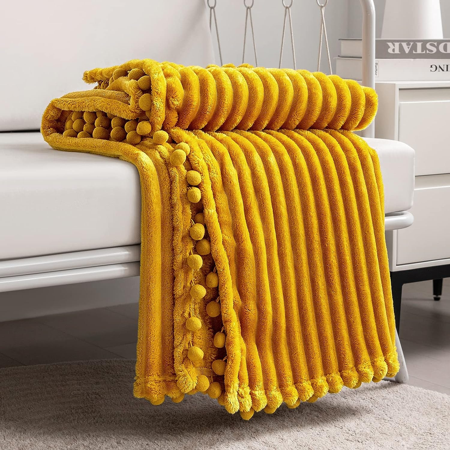 Fleece Blanket Throw Size – 51X63, Yellow Soft, Plush, Fluffy, Fuzzy, Warm, Cozy Perfect for Couch, Bed, Sofa - with Pompom Fringe Flannel