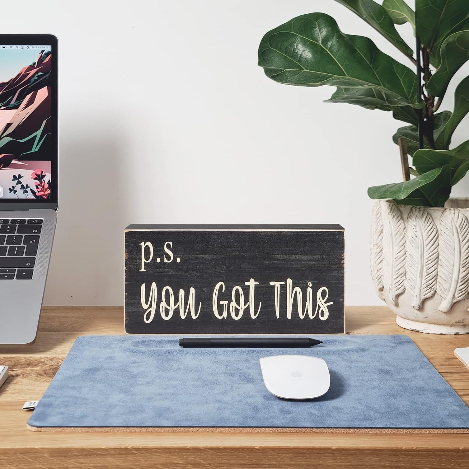 Motivational Home Office Desk Black Decor - Farmhouse Wooden Box Sign Gift for Women - P.S. You Got This