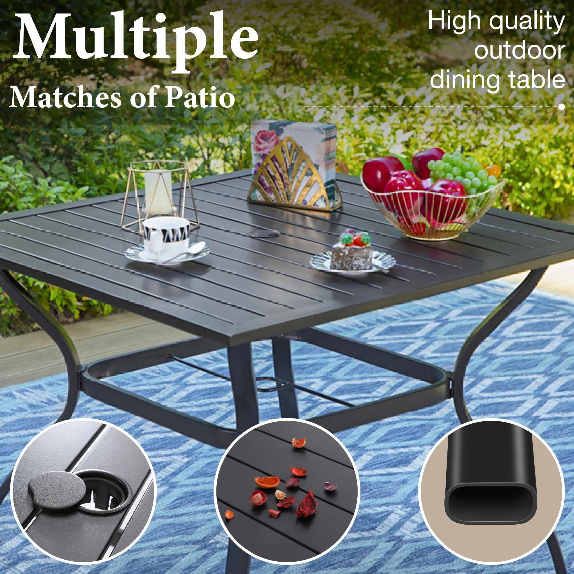 5-Piece Outdoor Patio Dining Set with Metal Steel Square Table & Textilene Chairs for 4-Person, Black&Brown