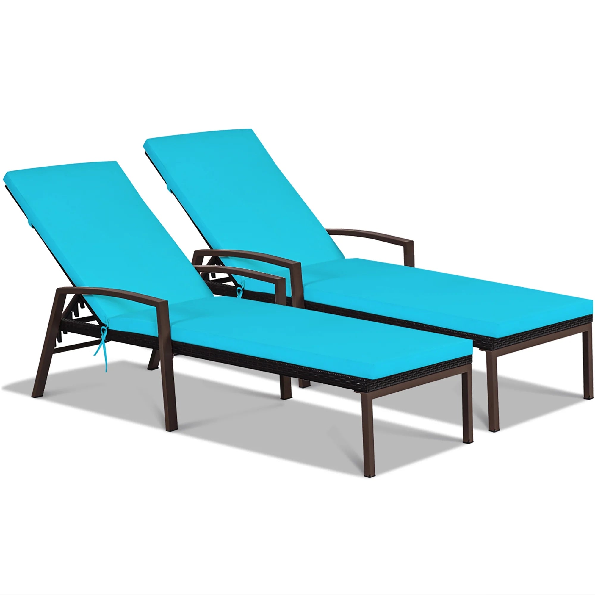 2PCS Patio Rattan Lounge Chair Chaise Recliner Back Adjustable Cushion Turquoise