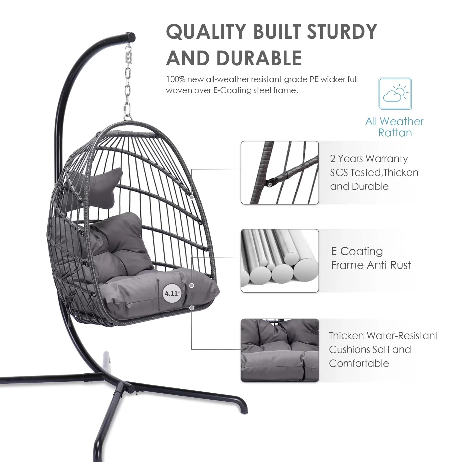 Swing Egg Chair Wicker Hanging Chair with Stand Color Dark Grey Maximum Weight 350Lbs