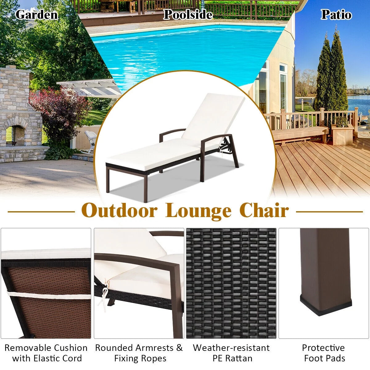 2PCS Patio Rattan Lounge Chair Chaise Recliner Back Adjustable Cushioned Garden Brown