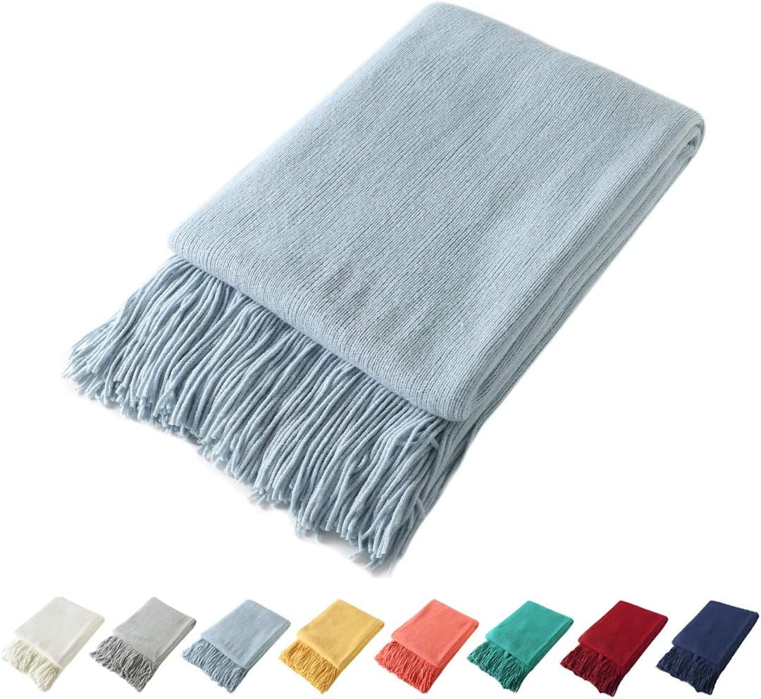 Decorative Knitted Throw Blanket with Fringe Soft & Cozy Tassel Blanket for Couch Sofa Bed (Light Blue,50X60)