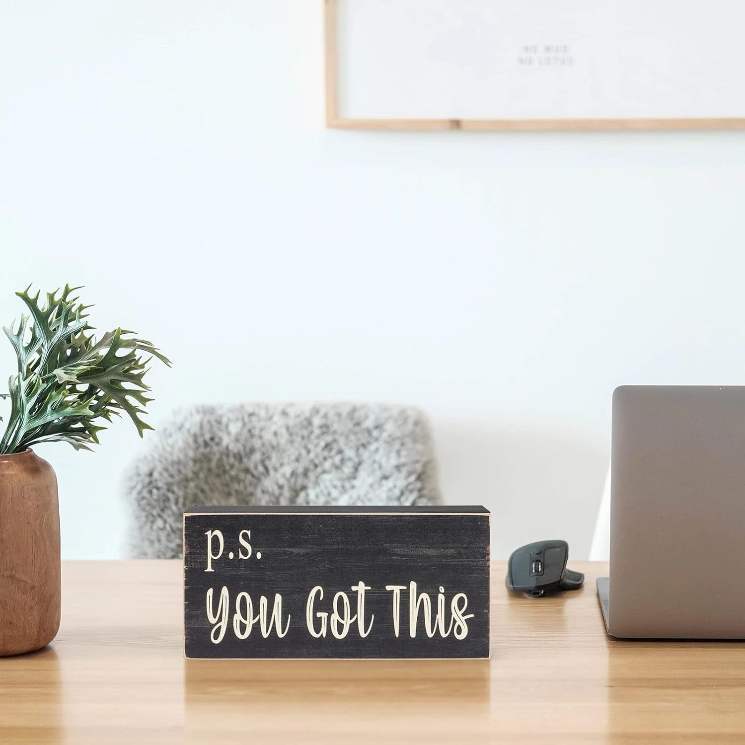 Motivational Home Office Desk Black Decor - Farmhouse Wooden Box Sign Gift for Women - P.S. You Got This