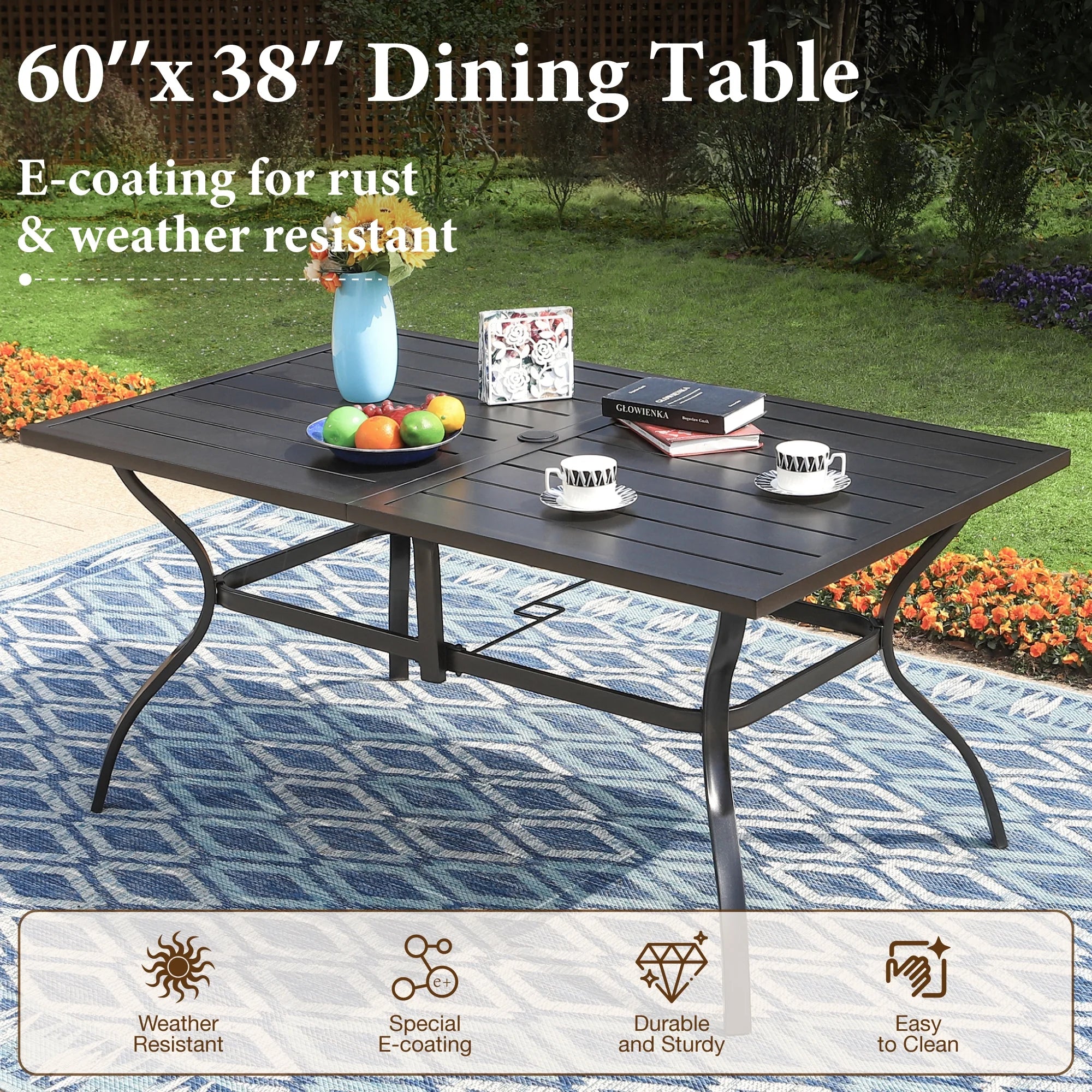 7-Piece Outdoor Patio Dining Set with Rectangle Steel Table & Textilene Chairs for 6-Person, Black&Brown