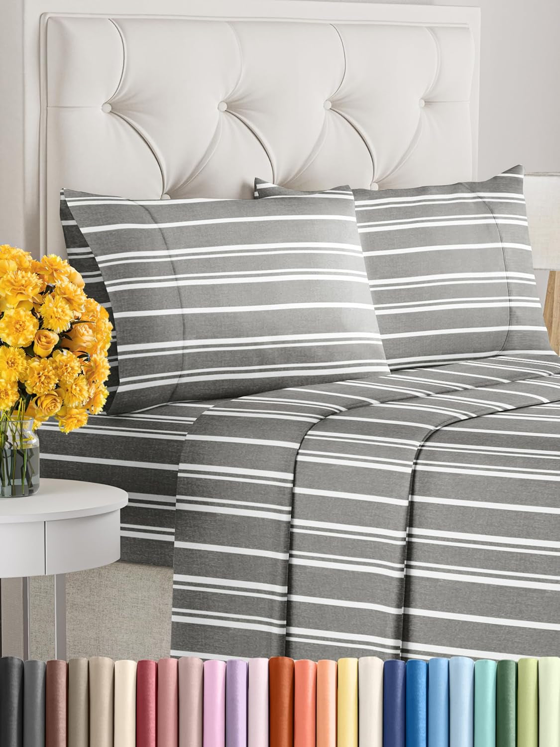 Queen Size 4 Piece Sheet Set - Comfy Breathable & Cooling Sheets - Hotel Luxury Bed Sheets - Deep Pockets, Easy-Fit, Soft & Wrinkle Free Sheets - Grey Stripes