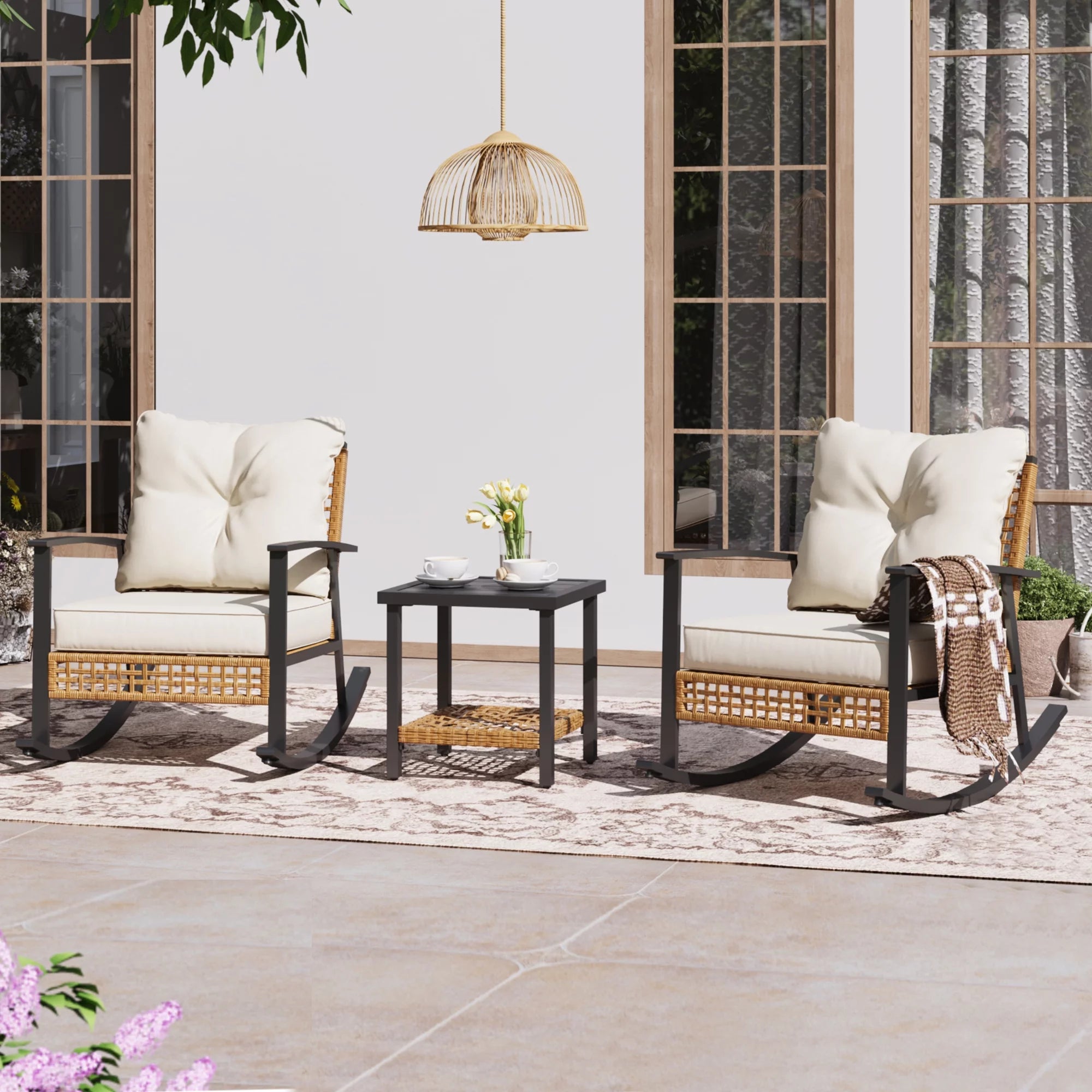 3 Pieces Outdoor Furniture Set with 2-Tier Coffee Table, Chairs with Beige Cushions