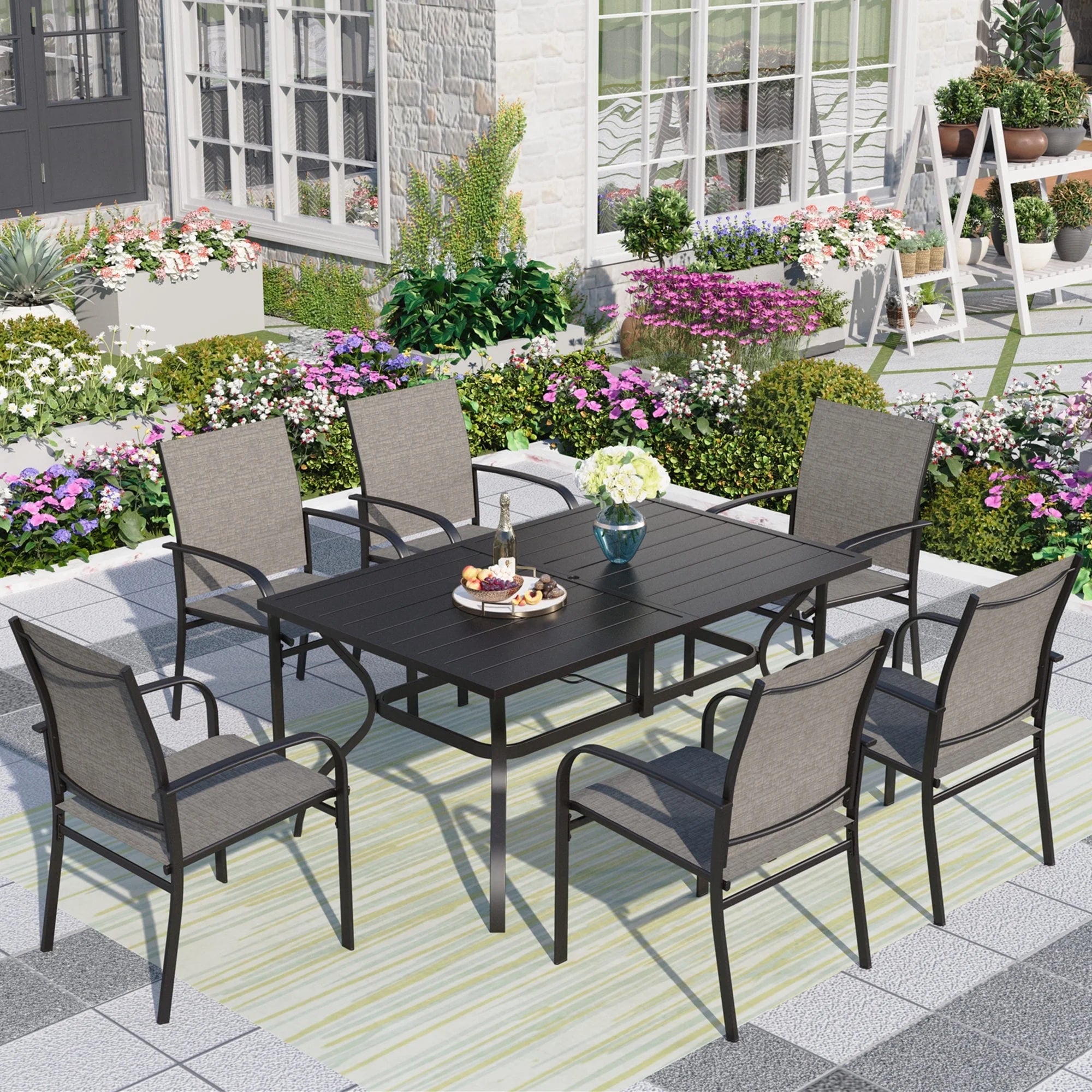 7-Piece Outdoor Patio Dining Set with Rectangle Steel Table & Textilene Chairs for 6-Person, Black&Brown