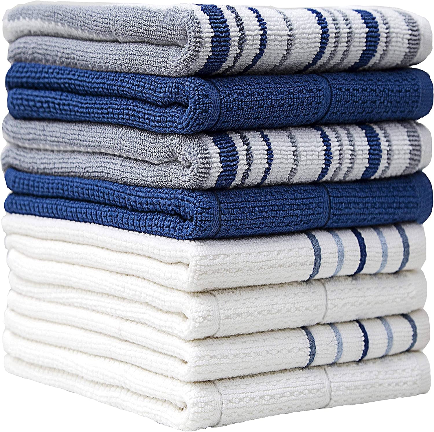 Pack of 8 Premium Kitchen Towels Set - Striped Waffle Yarn Dyed Kitchen Hand Towels - Cotton Tea Towels - Kitchen Hand Towels - Blue