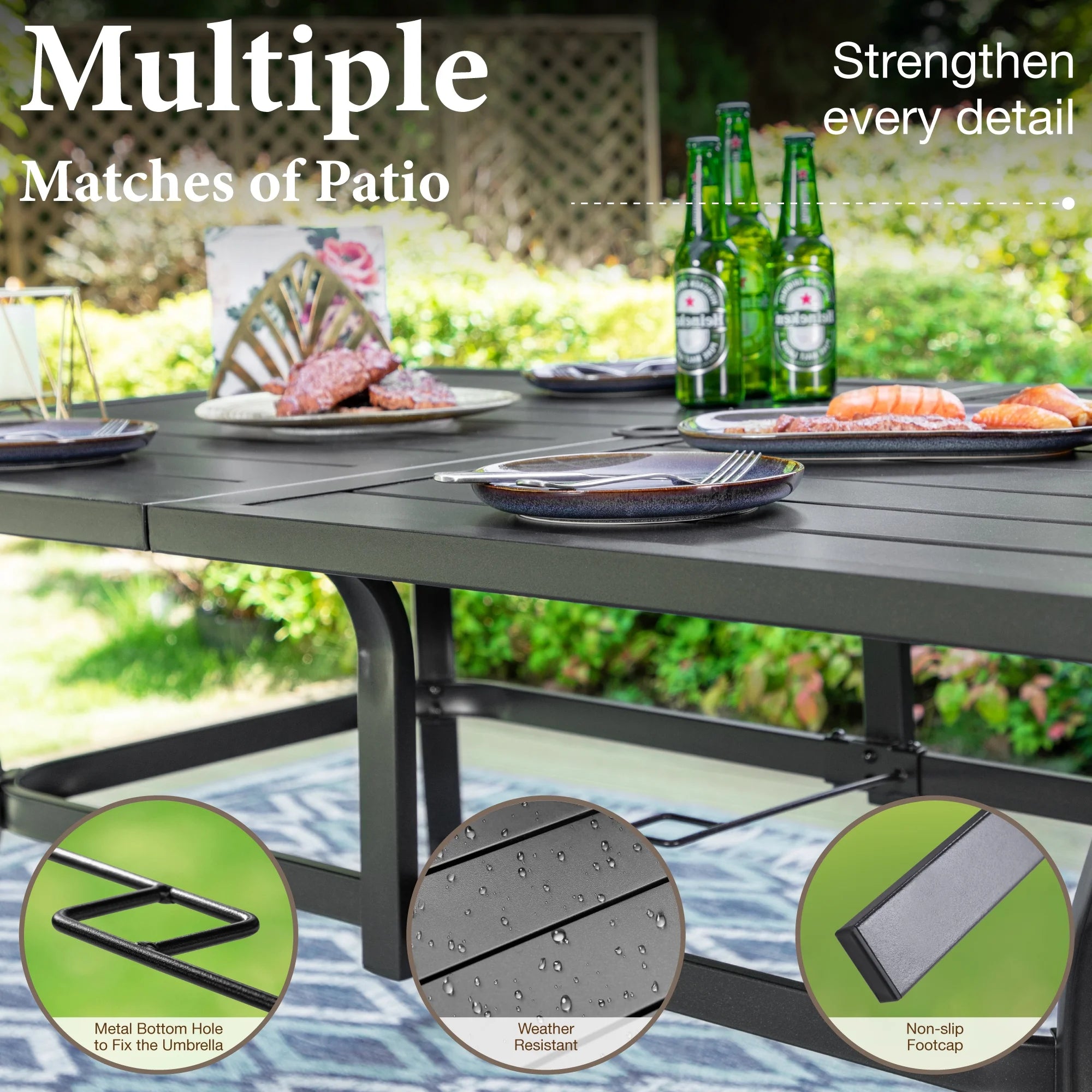 7-Piece Outdoor Patio Dining Set with Rectangle Steel Table & Textilene Chairs for 6-Person, Black&Brown