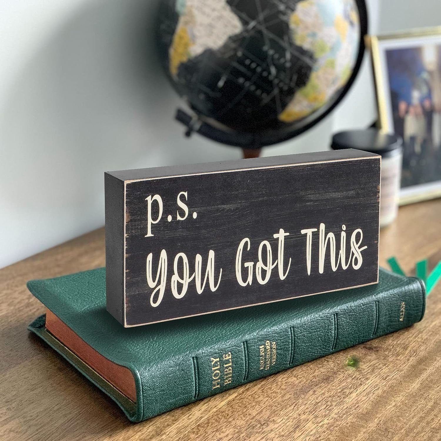 Motivational Home Office Desk Black Decor - Farmhouse Wooden Box Sign Gift for Women - P.S. You Got This