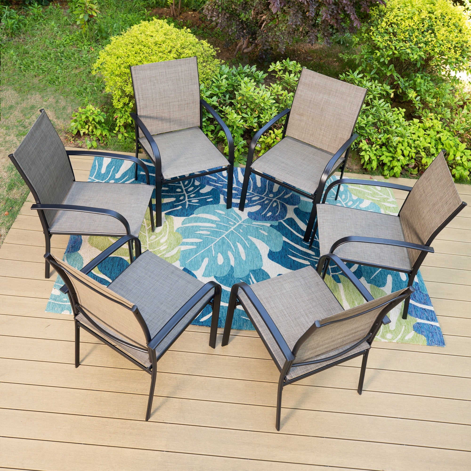 7-Piece Outdoor Patio Dining Set with Rectangle Steel Table & Textilene Chairs for 6-Person, Black&Brown