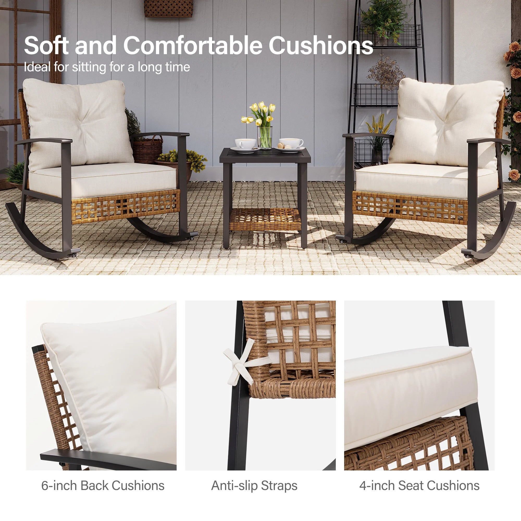 3 Pieces Outdoor Furniture Set with 2-Tier Coffee Table, Chairs with Beige Cushions