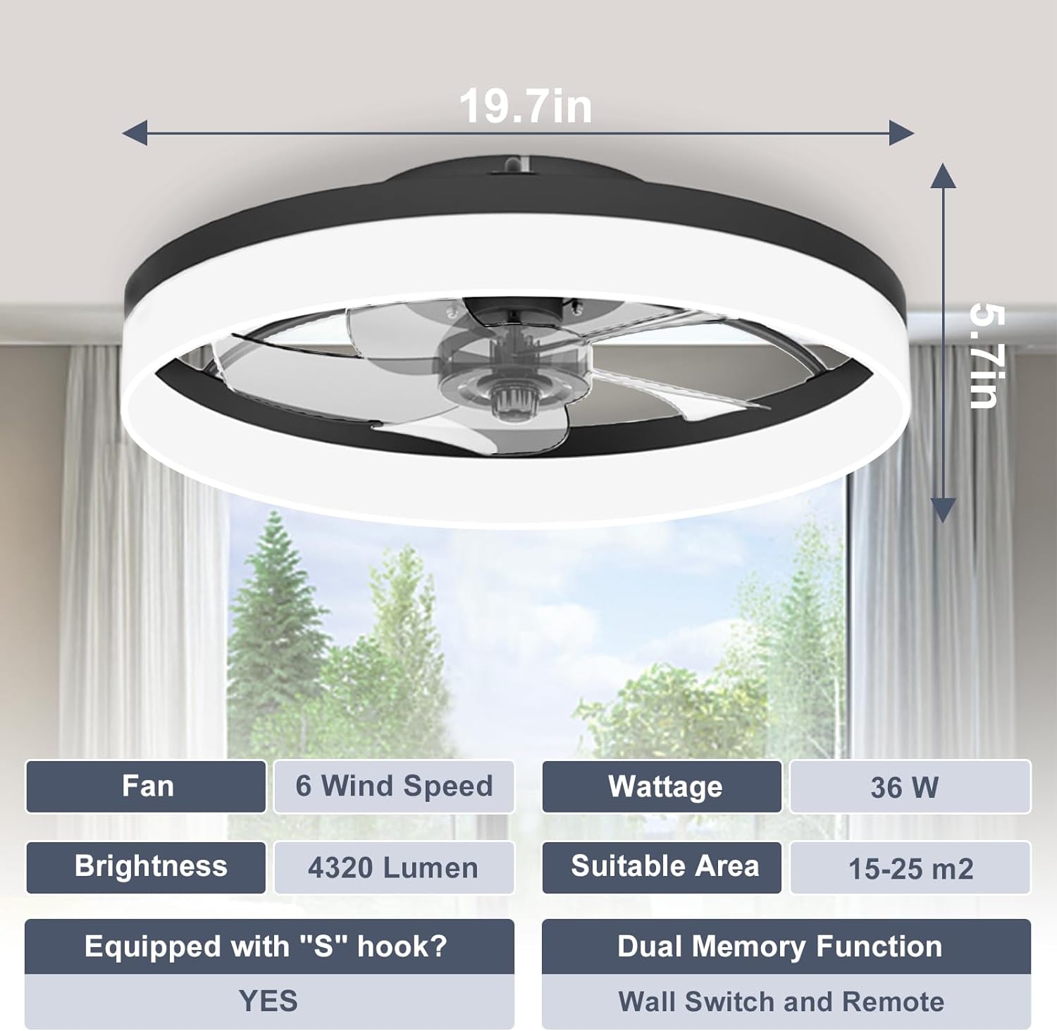 Low Profile Ceiling Fans with Lights and Remote, Fandelier Ceiling Fan Flush Mount 19.7Inch, 3000K-6500K Smart Bladeless LED Fan Light, Black Modern Ceiling Fans with Lights for Bedroom