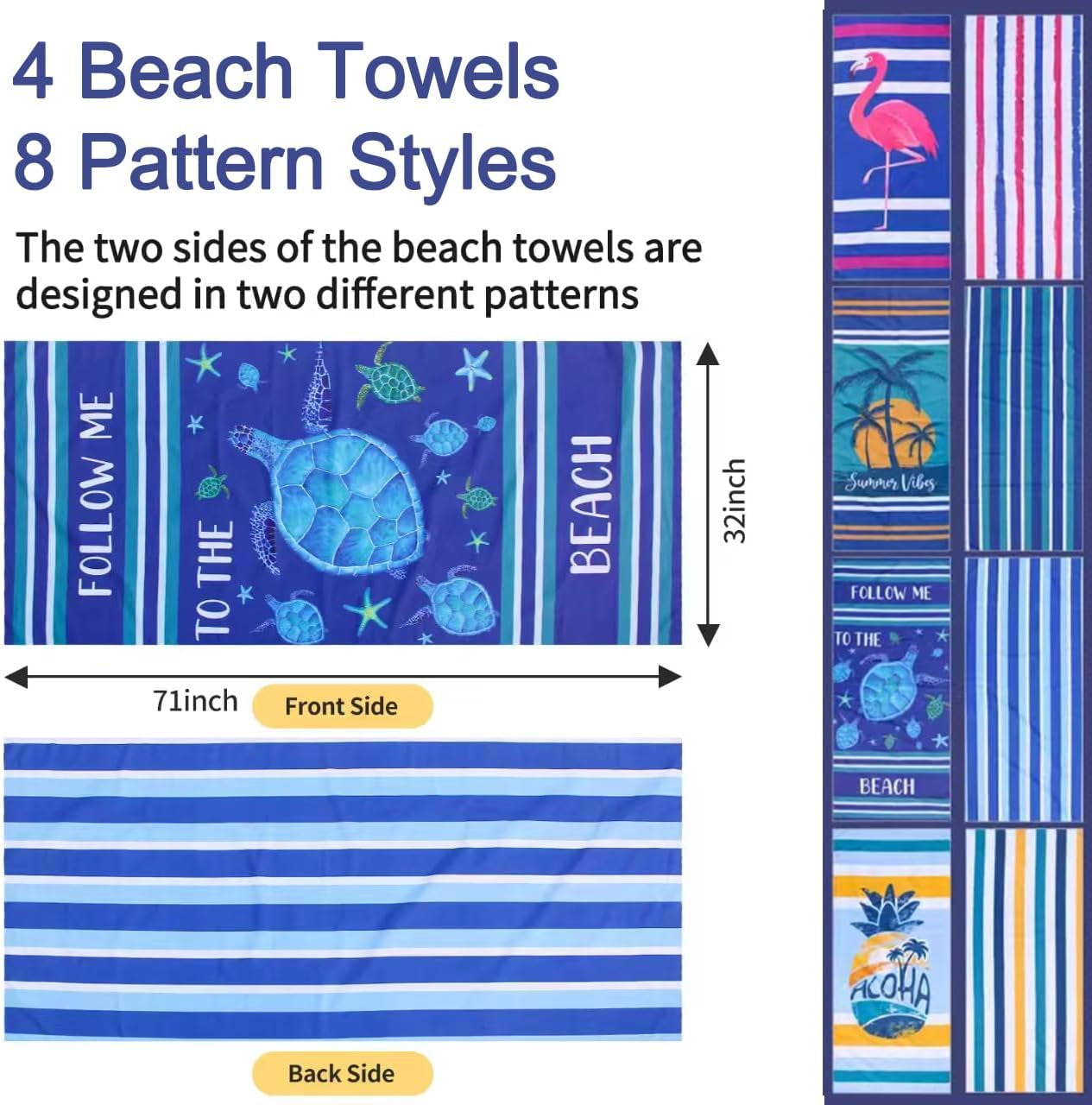 4 Pack Microfiber Beach Towel Fast Drying, Extra Large 71" X 32" Sand Free