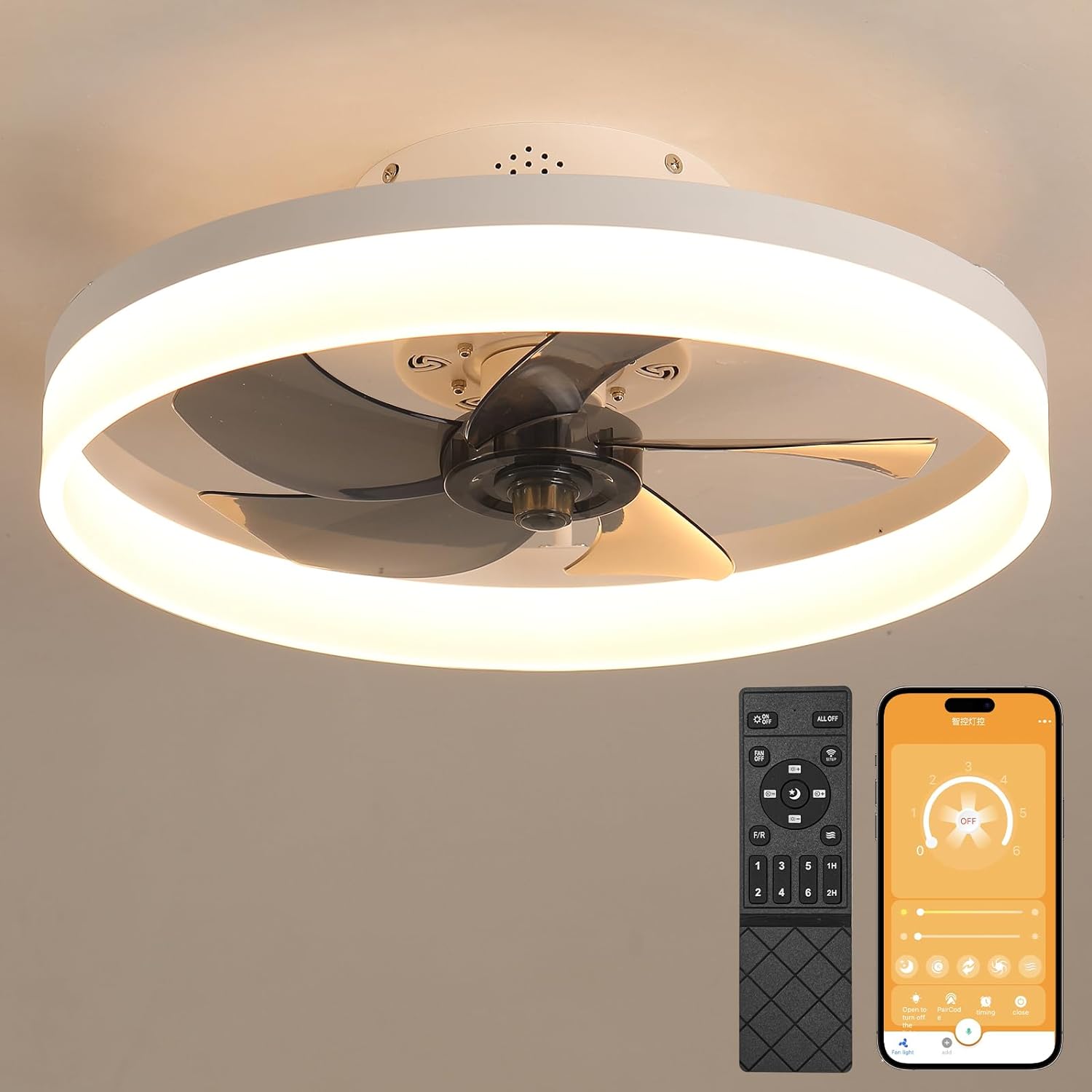 19.6" Ceiling Fans with Lights, Semi-Enclosed Flush Mount Low Profile Ceiling Fan for Safe Use, 6 Speeds, Reversible, LED Dimmable, 3 Color Temperature Optional,With Remote (Minimalist)