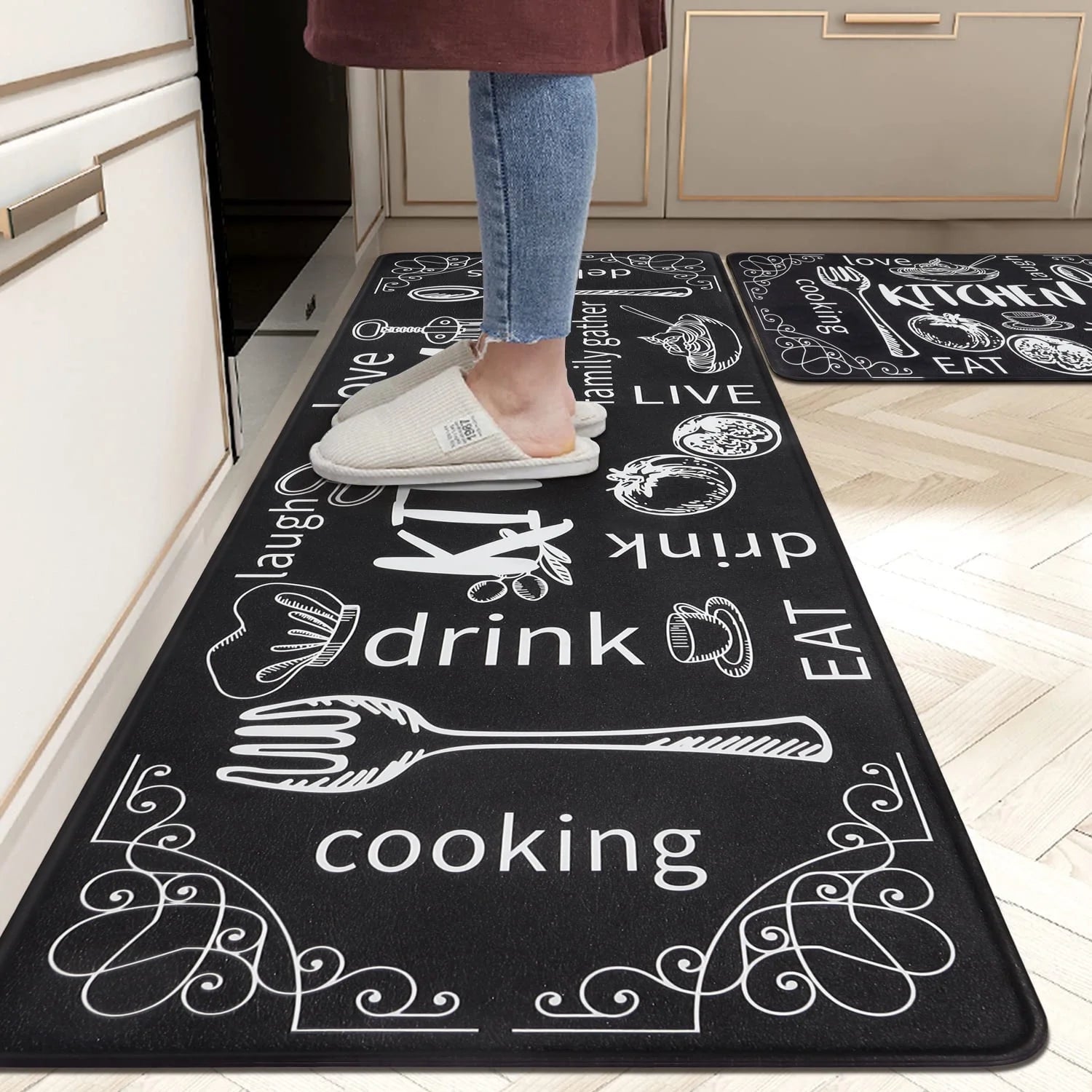 Kitchen Rug Mats Set of 2 Kitchen Waterproof Non-Slip 0.4" 17"X48"+17"X28" Black