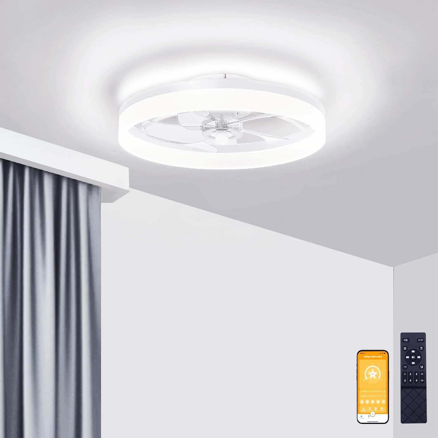 Low Profile Ceiling Fans with Lights and Remote, Fandelier Ceiling Fan Flush Mount 19.7Inch, 3000K-6500K Smart Bladeless LED Fan Light, Black Modern Ceiling Fans with Lights for Bedroom