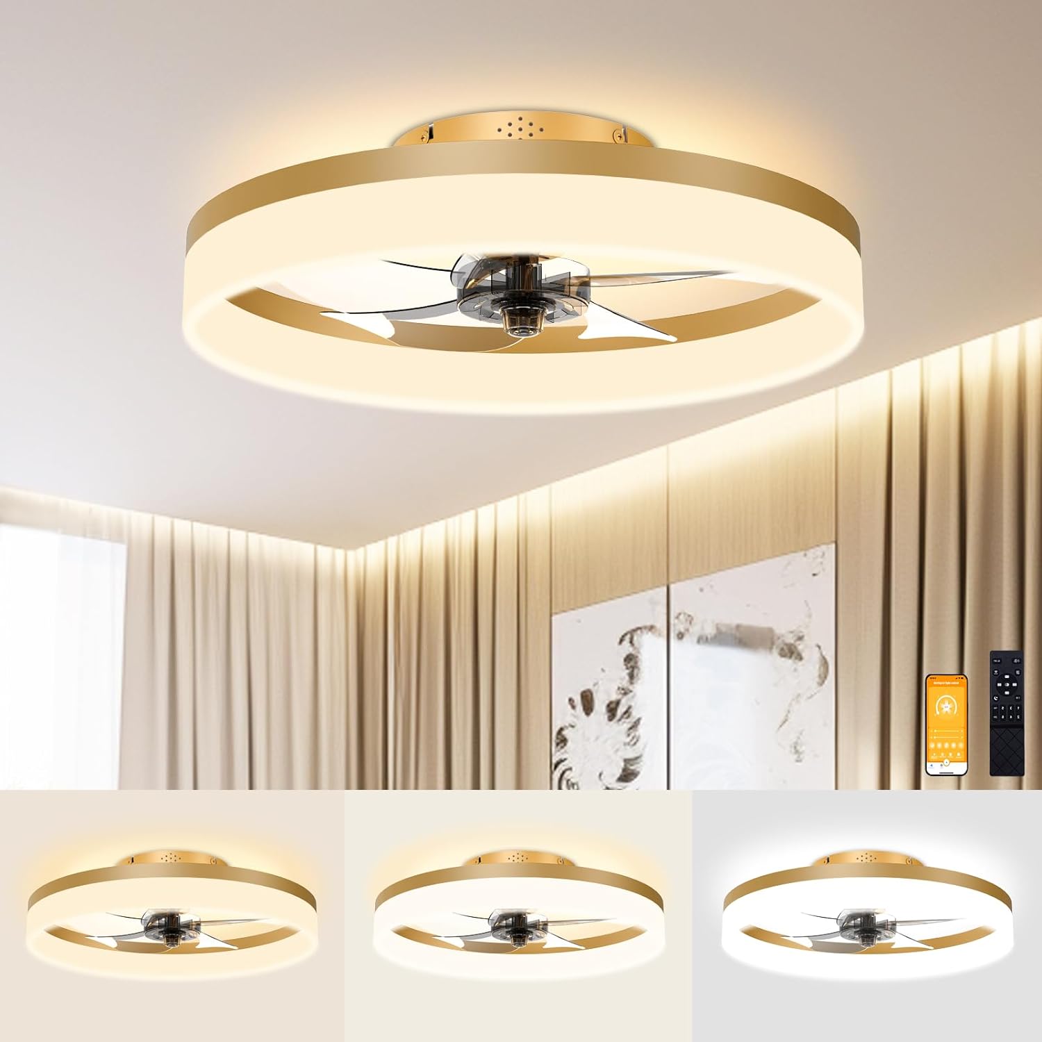 Low Profile Ceiling Fans with Lights and Remote, Fandelier Ceiling Fan Flush Mount 19.7Inch, 3000K-6500K Smart Bladeless LED Fan Light, Black Modern Ceiling Fans with Lights for Bedroom