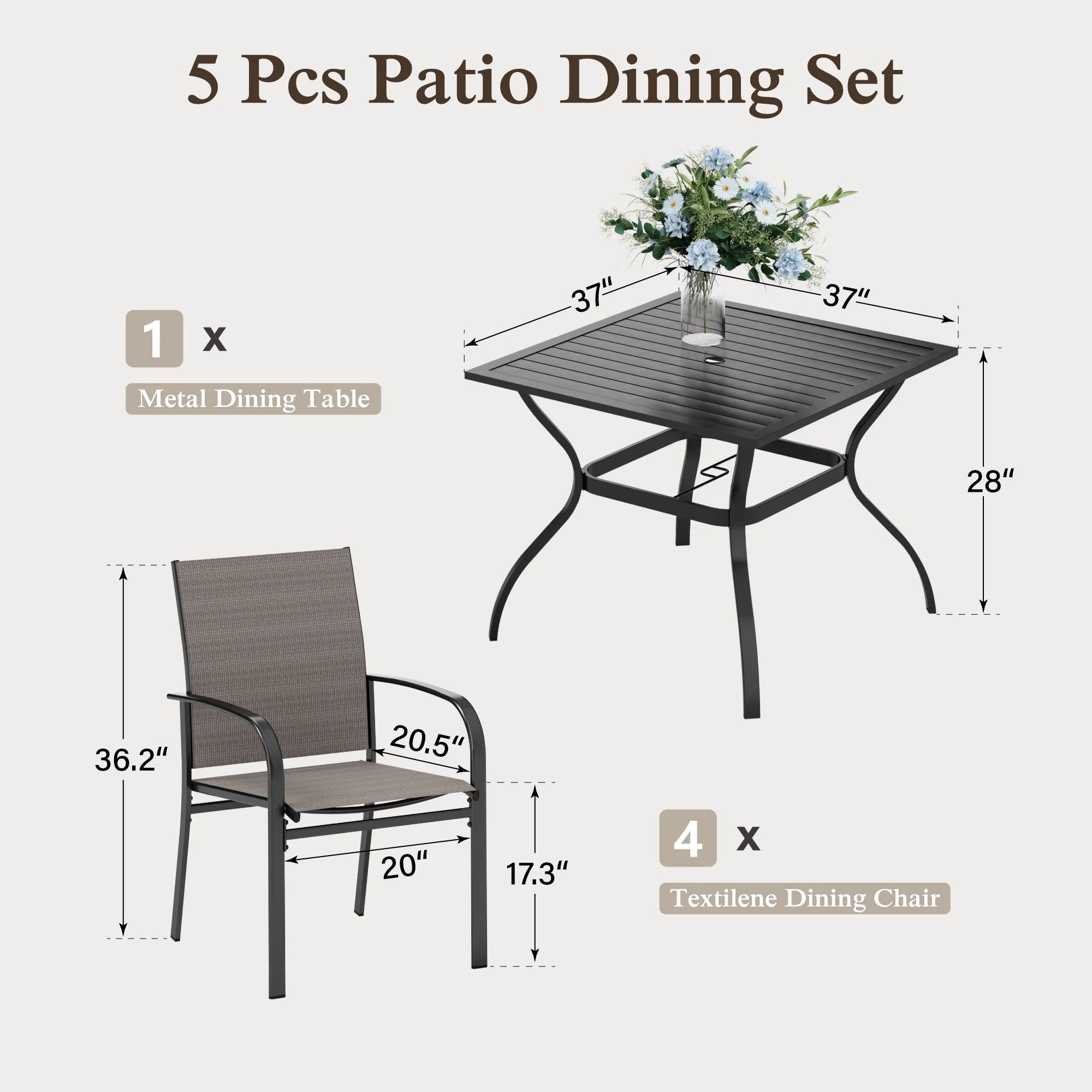 5-Piece Outdoor Patio Dining Set with Metal Steel Square Table & Textilene Chairs for 4-Person, Black&Brown