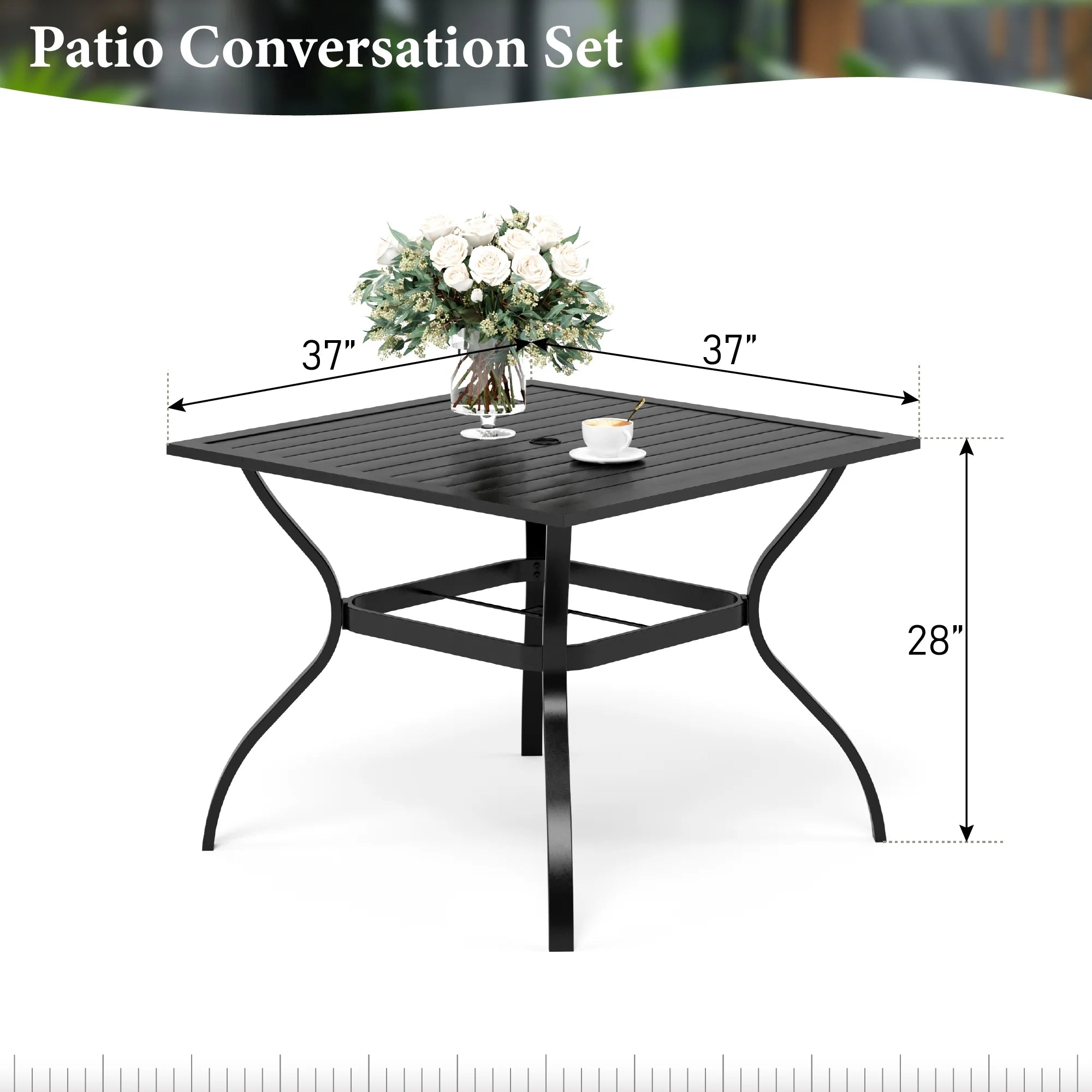 5-Piece Outdoor Patio Dining Set with Metal Steel Square Table & Textilene Chairs for 4-Person, Black&Brown