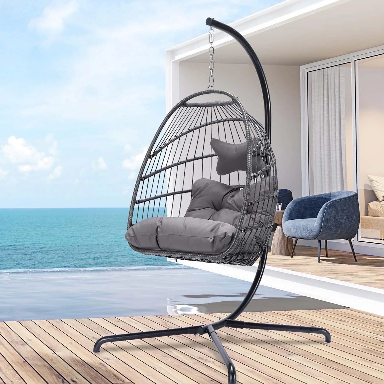 Swing Egg Chair Wicker Hanging Chair with Stand Color Dark Grey Maximum Weight 350Lbs