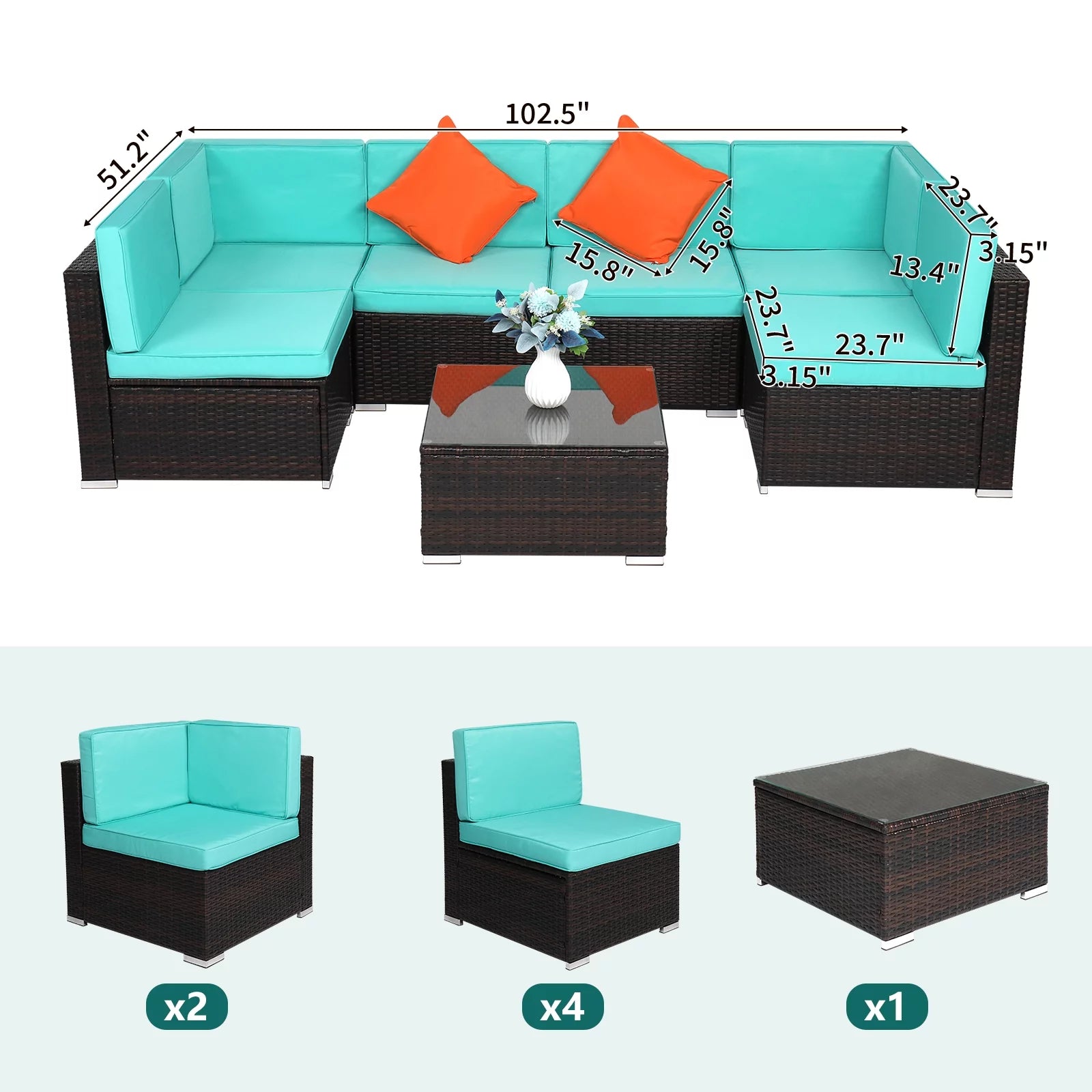 Lake Blue Cushion Wicker Set | Rattan Wicker Sectional Set | BNB Depot