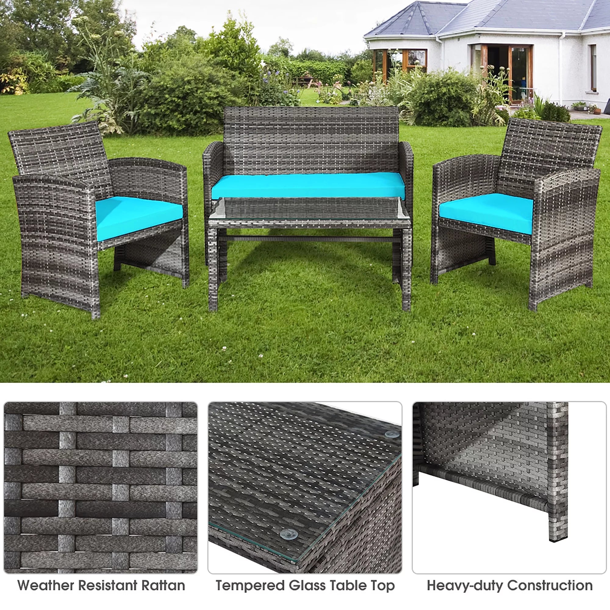 Patio Conversation Set | Rattan Sofa Set with Glass Top | BNB Depot