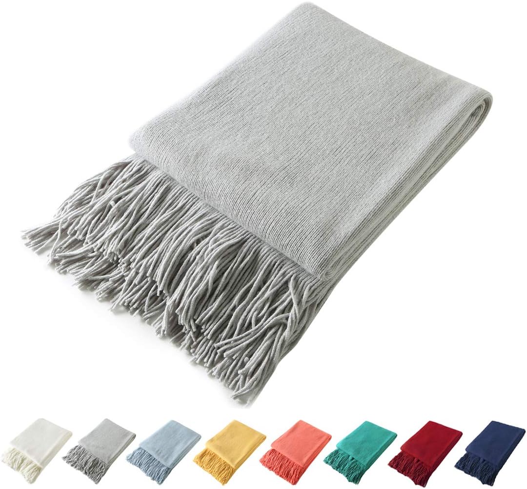 Decorative Knitted Throw Blanket with Fringe Soft & Cozy Tassel Blanket for Couch Sofa Bed (Light Blue,50X60)