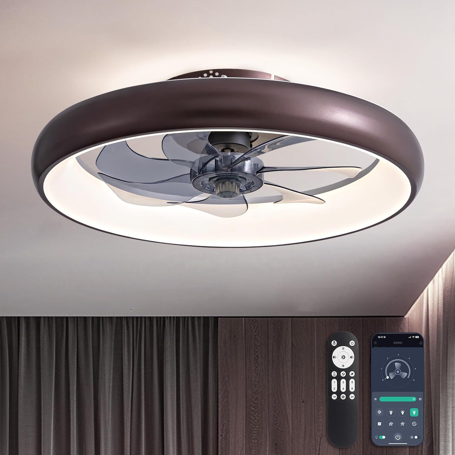 Ceiling Fans with Lights, Flush Mount Ceiling Fan with Lights and Remote, 6 Wind Speeds Smart Low Profile Ceiling Fan for Bedroom, Kids Room and Living Room 20" (Black)