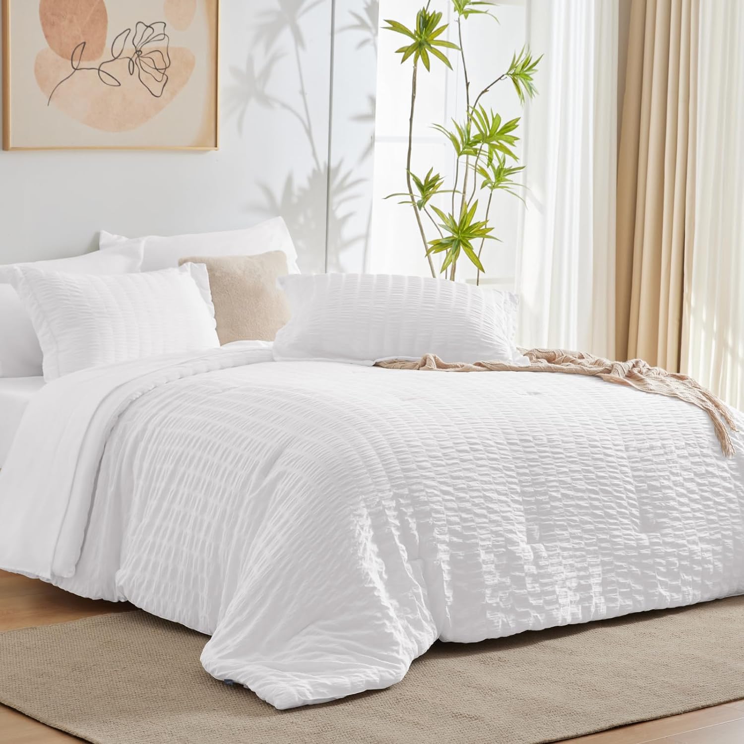 Queen Bed in a Bag White Comforter Set with Sheets 7-Pieces Bedding Sets