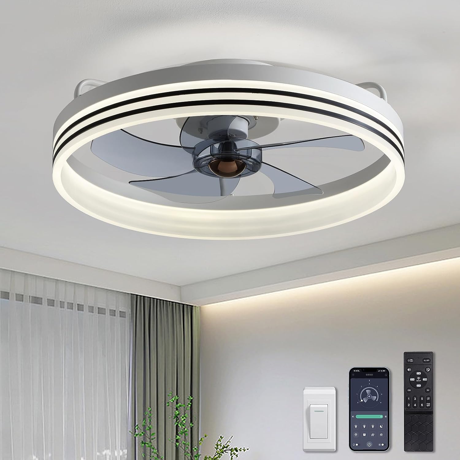 Ceiling Fans with Lights, Flush Mount Ceiling Fan with Lights and Remote, 6 Wind Speeds Smart Low Profile Ceiling Fan for Bedroom, Kids Room and Living Room 20" (Black)