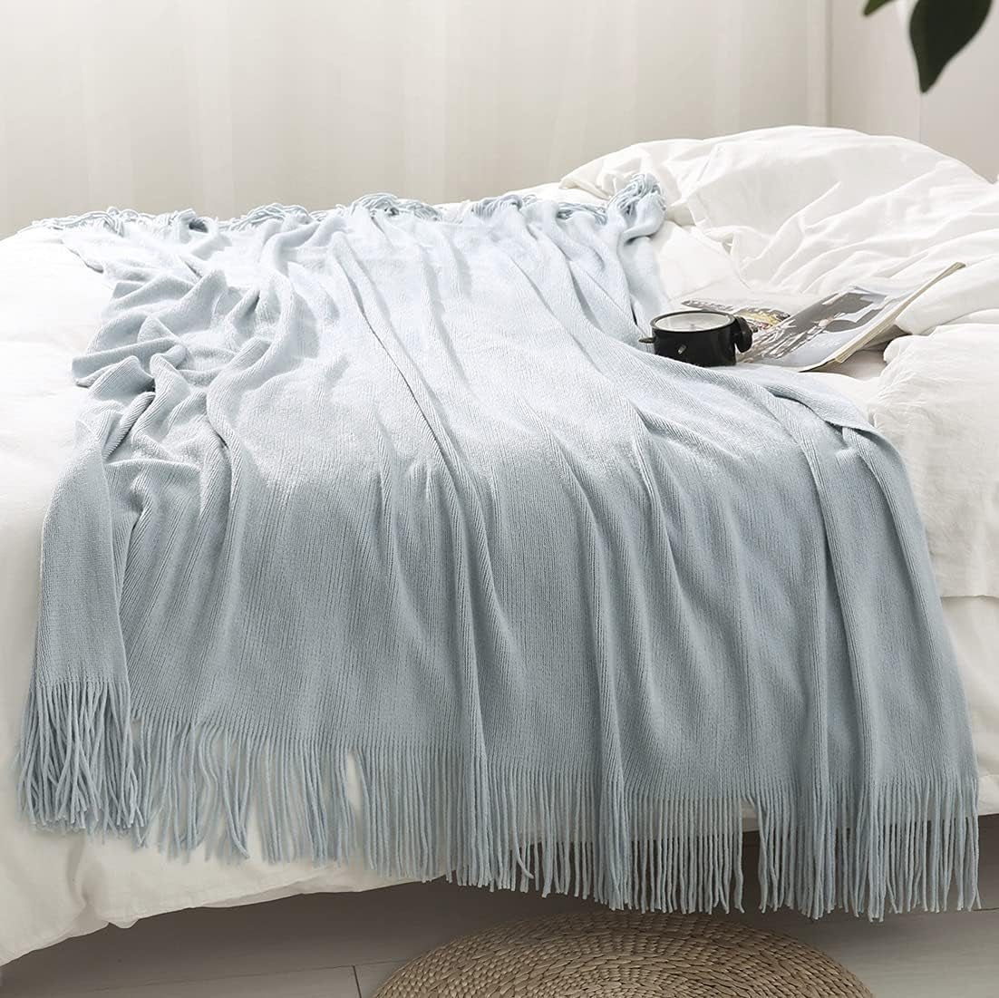 Decorative Knitted Throw Blanket with Fringe Soft & Cozy Tassel Blanket for Couch Sofa Bed (Light Blue,50X60)