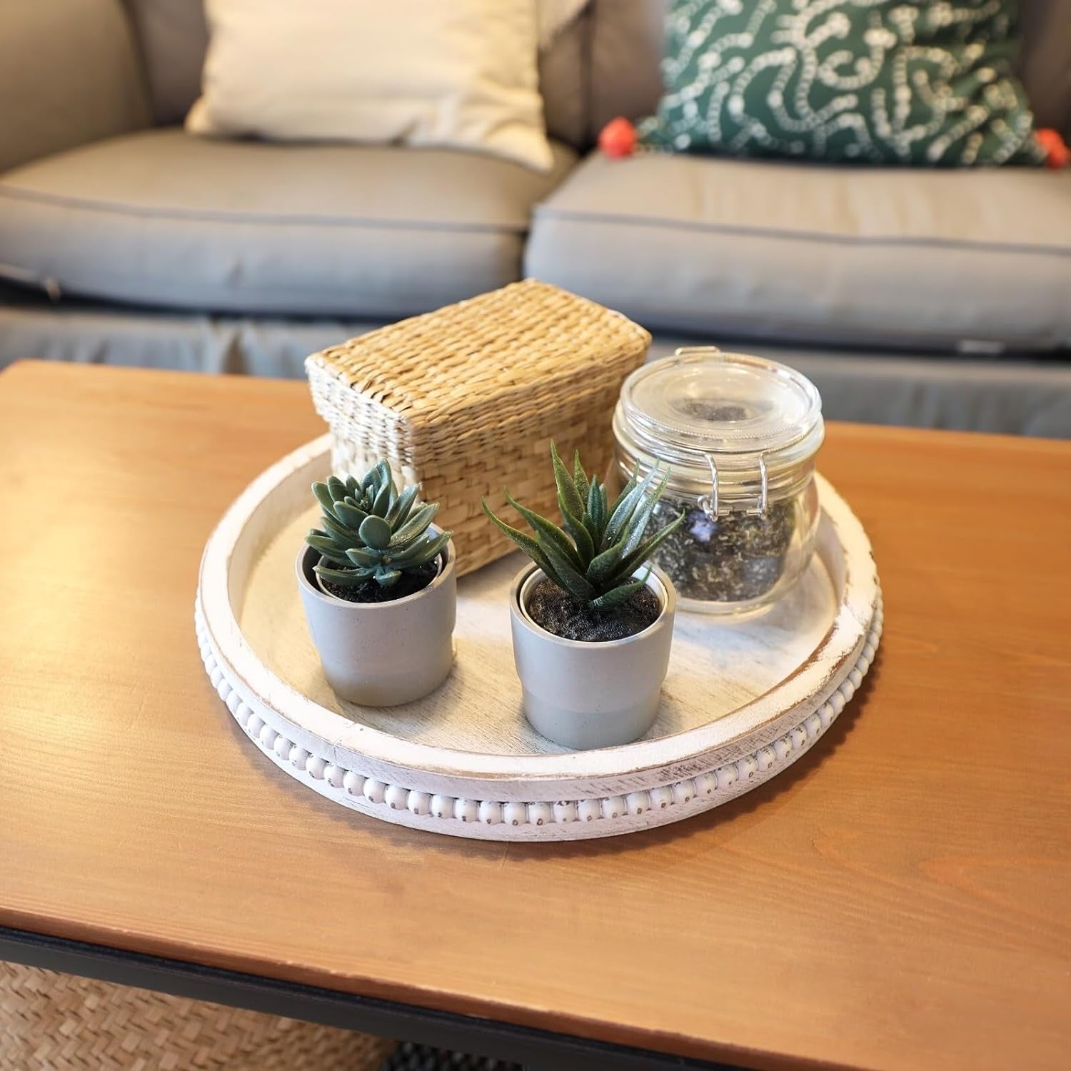 Round Wood Serving Tray with Beaded, 13” Rustic Wooden Decorative Coffee Table Tray for Centerpiece, Ottoman, Farmhouse Circle Trays for Counter, Living Room, Home Decor (Whitewashed)