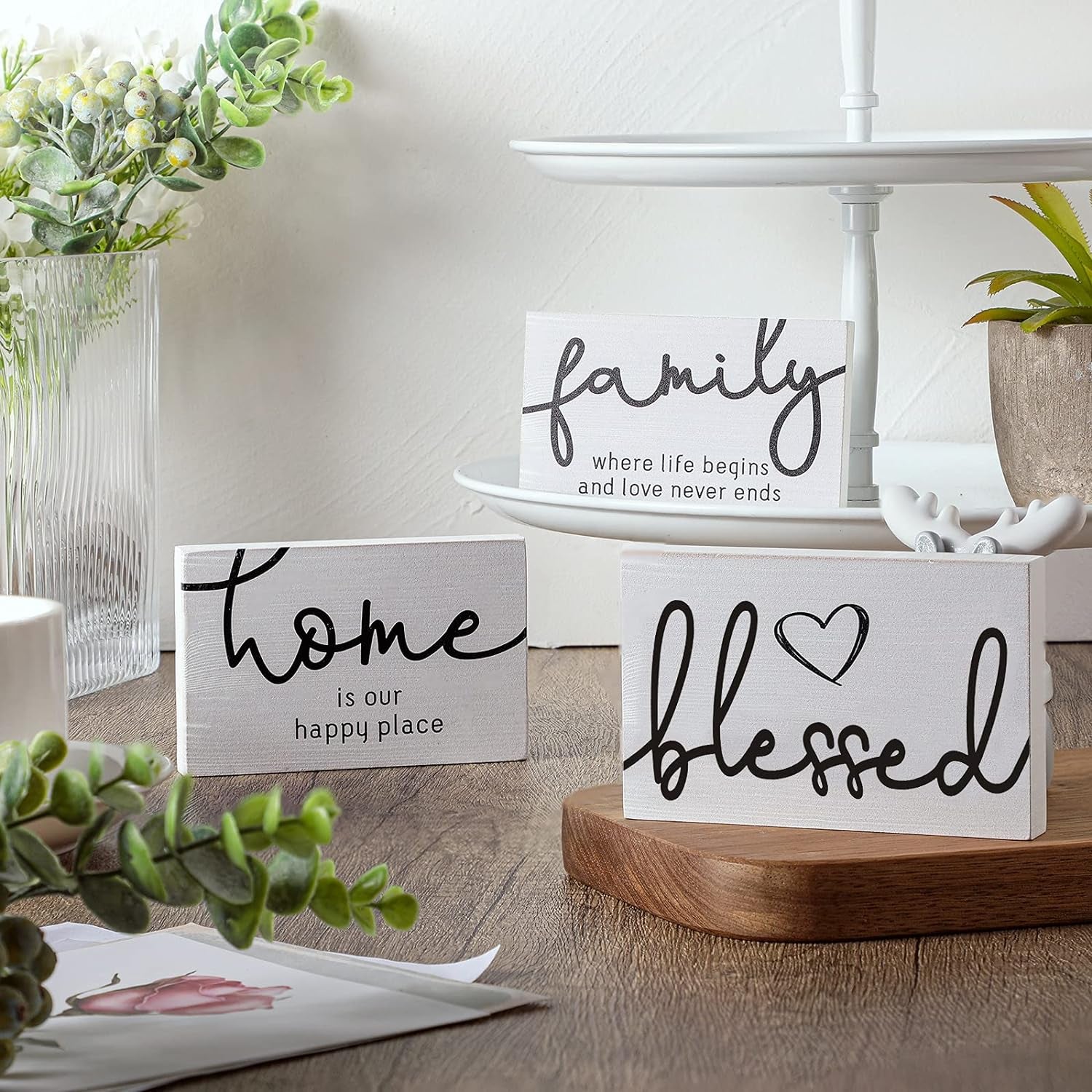 3 Pieces Family Home Blessed Rustic Wood Sign Mini Wood Decorative Signs