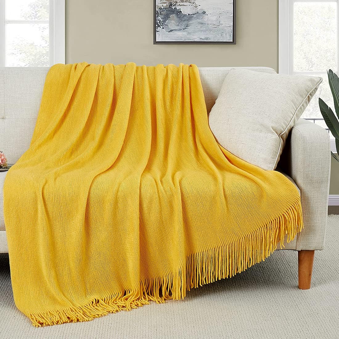 Decorative Knitted Throw Blanket with Fringe Soft & Cozy Tassel Blanket for Couch Sofa Bed (Light Blue,50X60)