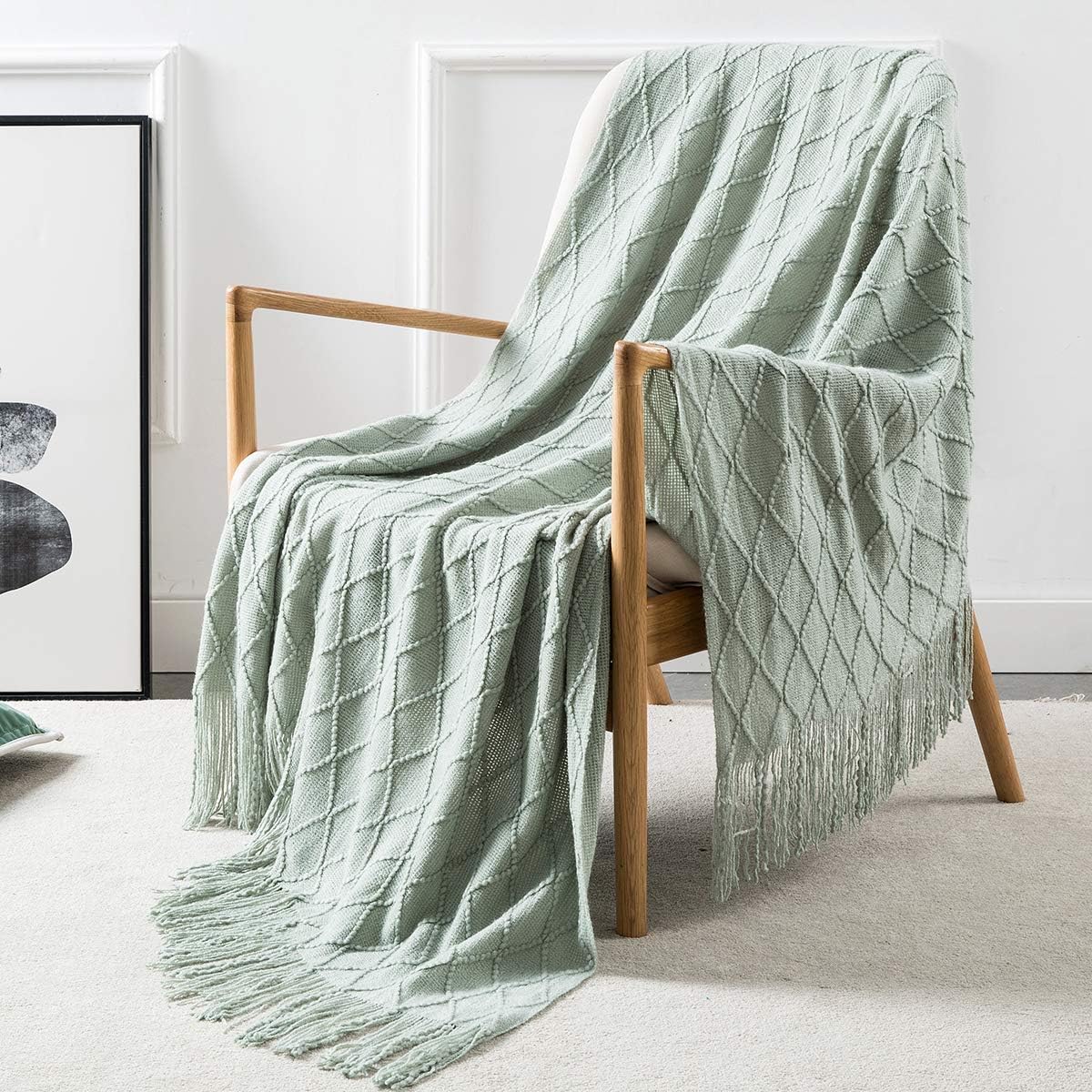 Decorative Knitted Throw Blanket with Fringe Soft & Cozy Tassel Blanket for Couch Sofa Bed (Light Blue,50X60)