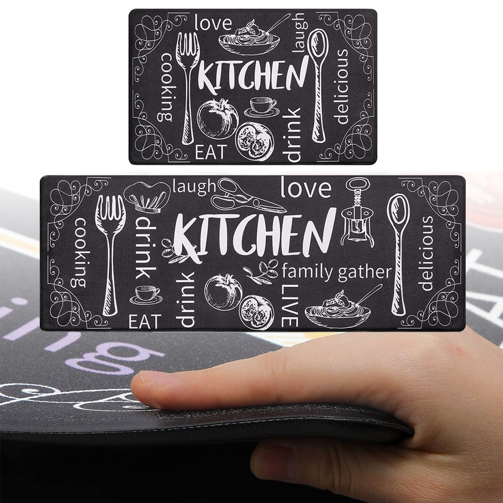 Kitchen Rug Mats Set of 2 Kitchen Waterproof Non-Slip 0.4" 17"X48"+17"X28" Black