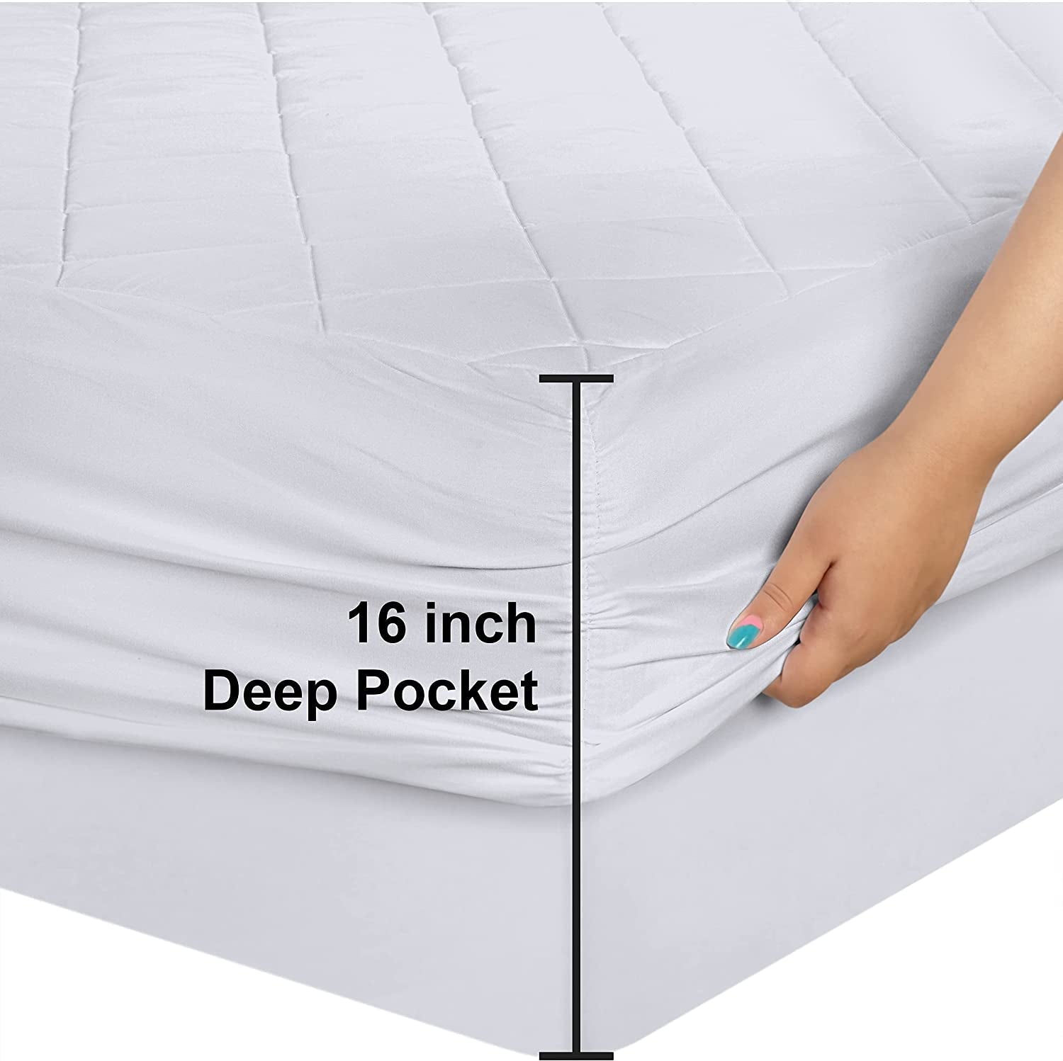 Quilted Fitted Mattress Pad (Queen) - Elastic Fitted Mattress Protector - Mattress Cover Stretches up to 16 Inches Deep - Machine Washable